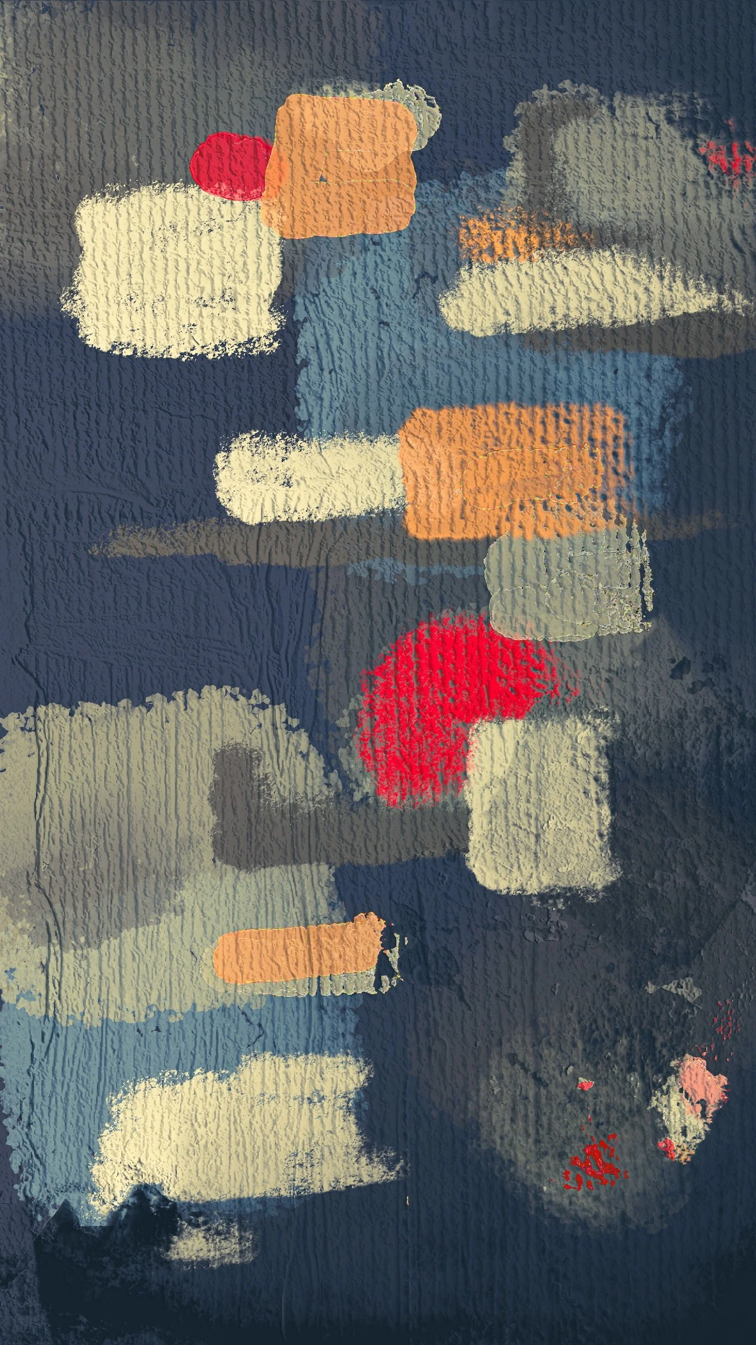 Abstract painting with various colored brushstrokes including white, red, orange, beige, and gray on a dark blue textured background.