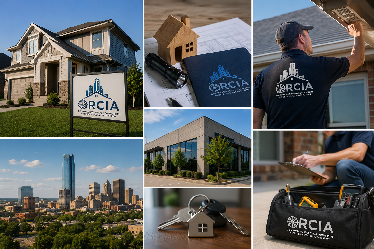 A collage of images related to home inspection services. It includes a residential house with a sign for Oklahoma Residential & Commercial Inspection Association (RCIA), a small model house with blueprints and a flashlight, a city skyline with tall buildings, a commercial building with glass windows, a home inspector working on a roof, a person reviewing documents, and a toolkit with inspection tools and a set of house keys.