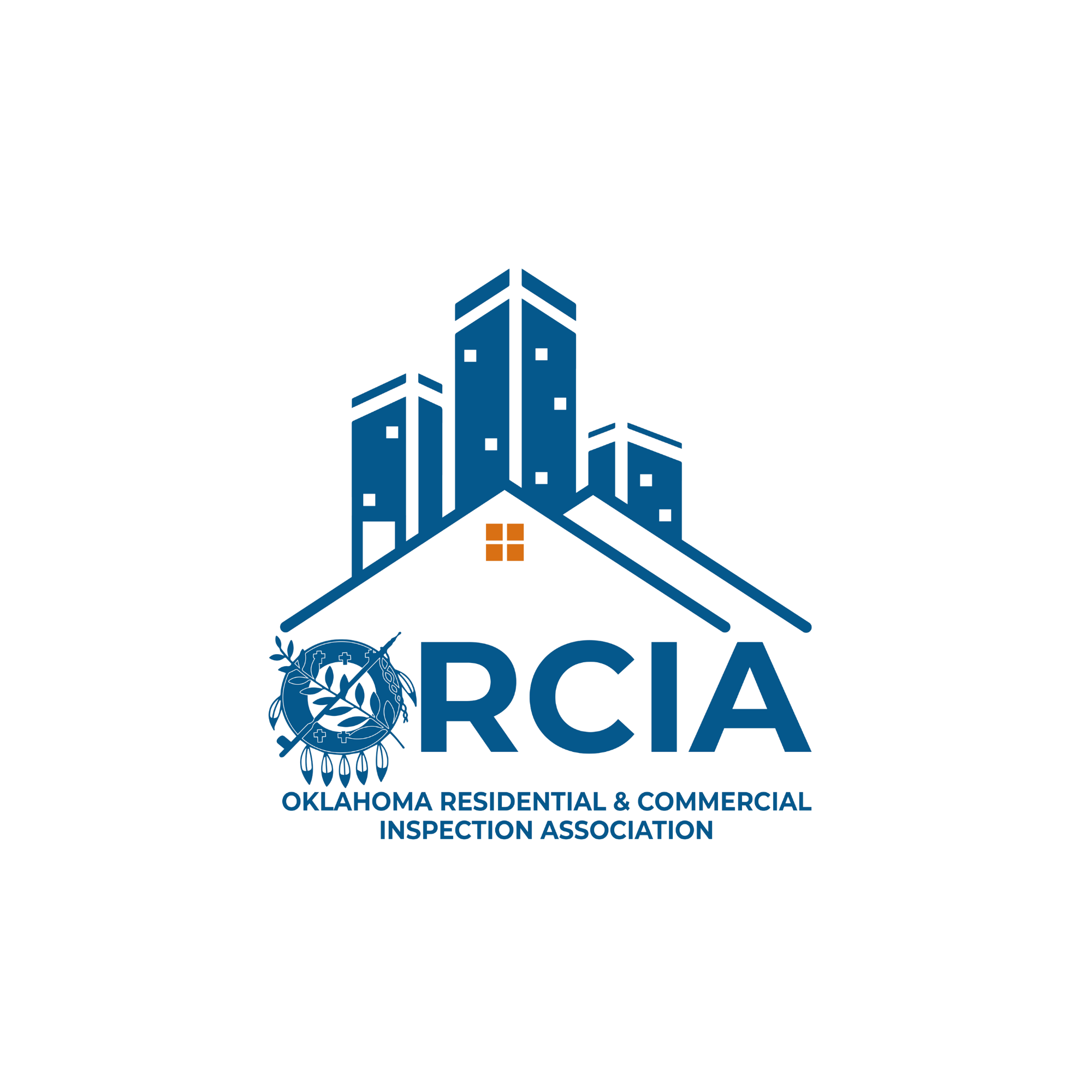 The logo of Oklahoma Residential & Commercial Inspection Association (ORCIA) featuring a stylized city skyline in blue, a cerebrum with a laurel wreath, and the organization name in bold text.