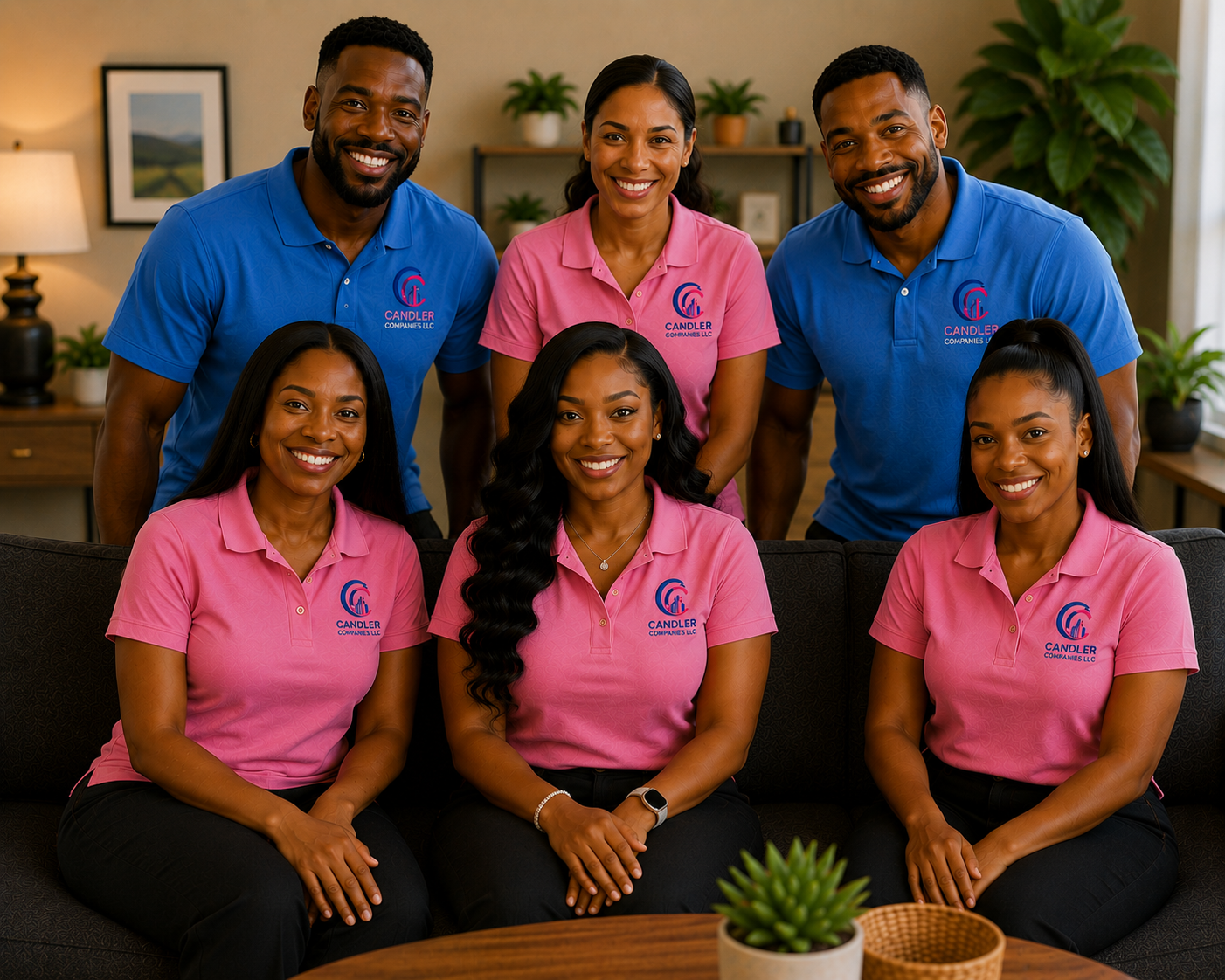 A group of seven diverse professionals in pink and blue uniforms with the logo "Candler Companies LLC" posing together in a modern office or lounge, smiling at the camera.