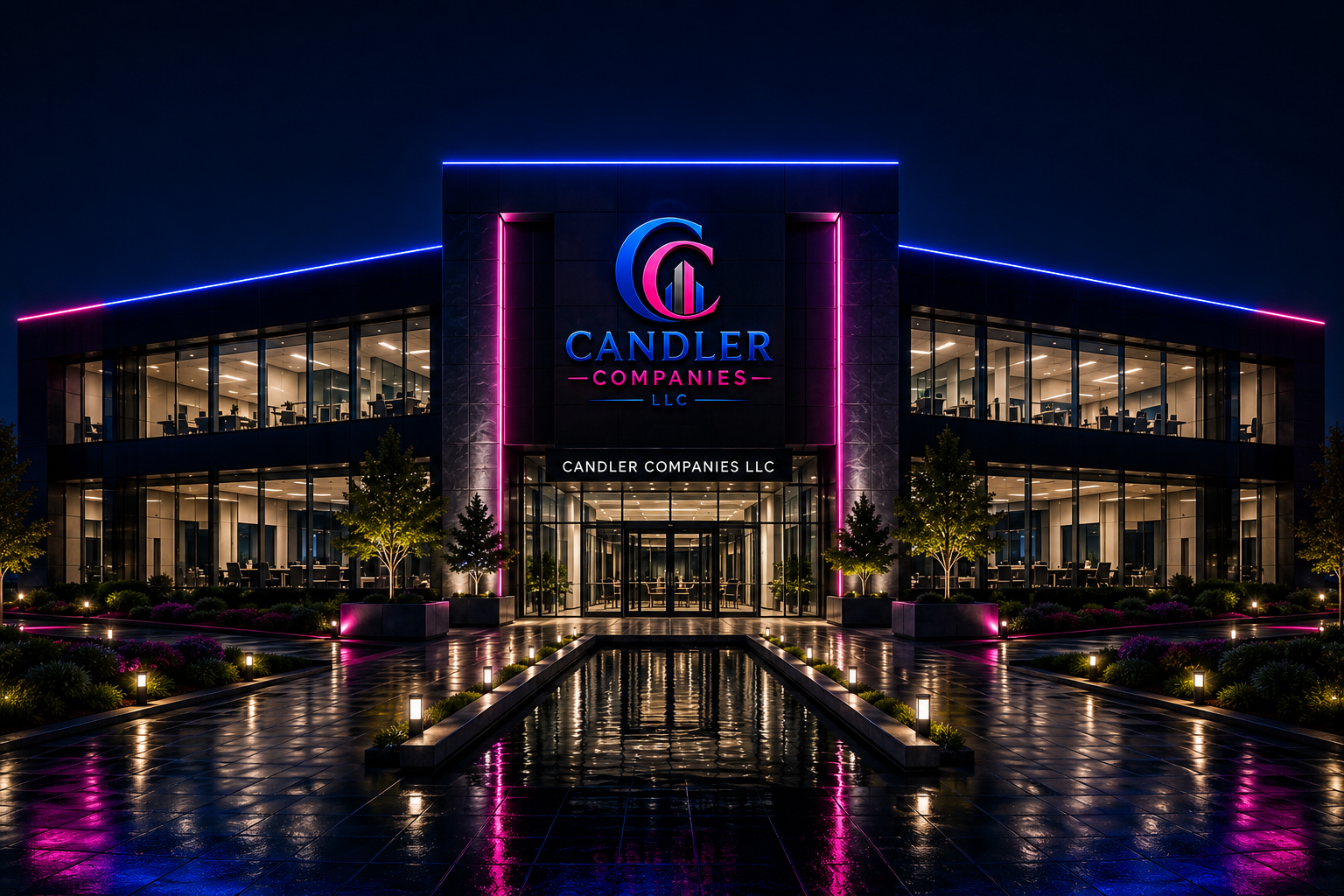 Night view of a modern office building with glass windows and neon lights, displaying the logo for Candler Companies LLC.