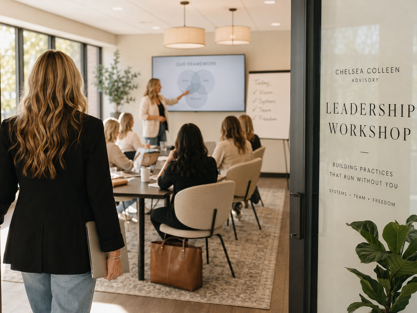 Women attending a leadership workshop in a conference room with a speaker presenting a slide about goals and a whiteboard with checked items.