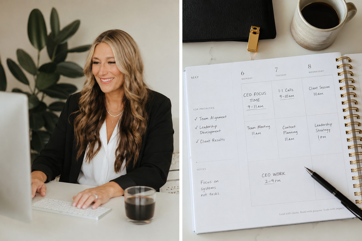 A woman in business attire smiling while sitting at a desk with a laptop and a glass of coffee, with a large green plant in the background, next to a planner open to a weekly schedule with meetings and notes, a black notebook, and a coffee mug.