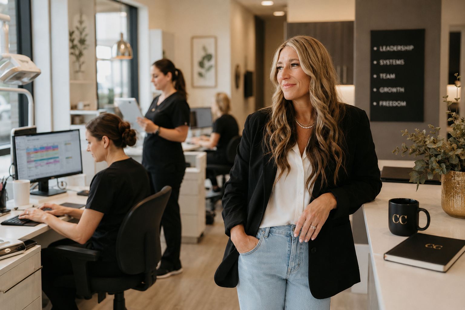 A woman with long wavy hair, wearing a black blazer and white blouse, leaning on a counter in an office environment with her hand in her pocket, smiling and looking to the side.