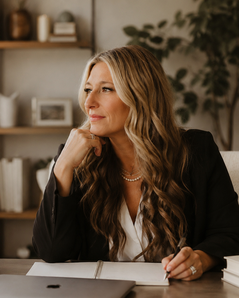 A woman with long, wavy blonde hair sits at a desk, looking thoughtfully to the side, resting her chin on her left hand, with a pen in her right hand. She is dressed in a dark blazer and white blouse, wearing pearl jewelry, with a laptop and open notebook on the desk. The background includes bookshelves and plants.
