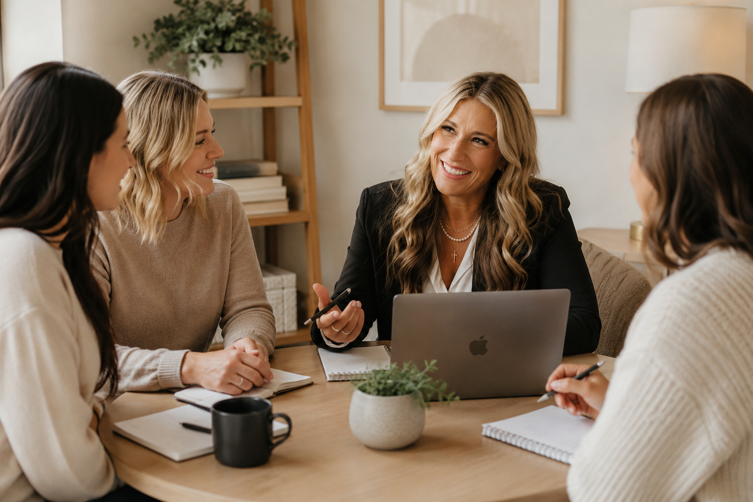 Four women having a meeting in a cozy office, smiling and taking notes around a wooden table with a laptop and notebooks.
