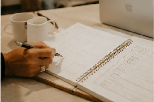 A person writing on a notepad with a pen, surrounded by a coffee mug, a laptop, and a printed schedule or planner.