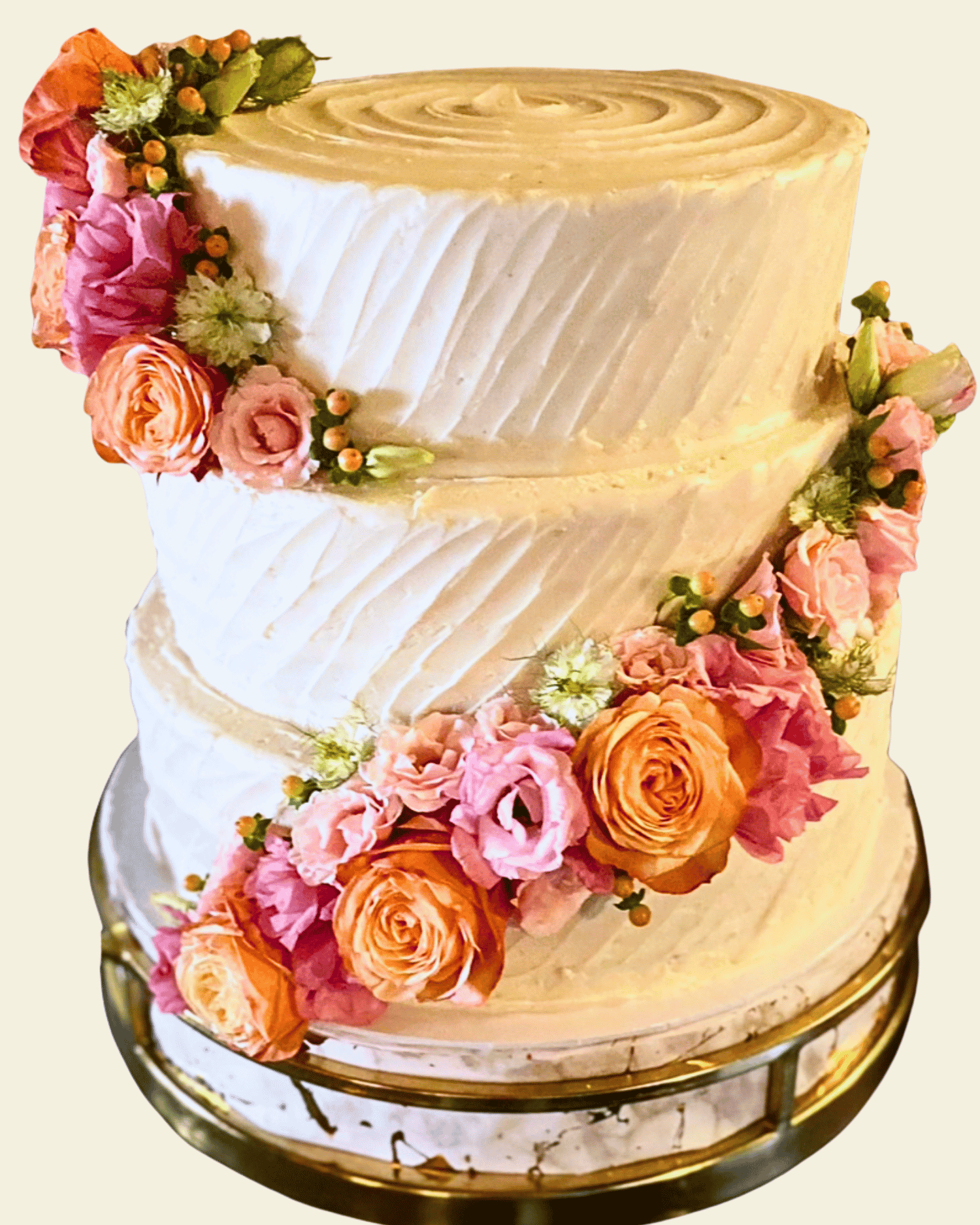 Piece of Cake LA Three Tower Cake with Buttercream frosting and cascading rustic colorful flowers