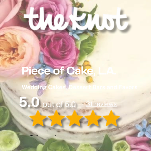 Close-up of a wedding cake decorated with pink and peach roses, purple flowers, and green leaves with The Knot 5 star rating.