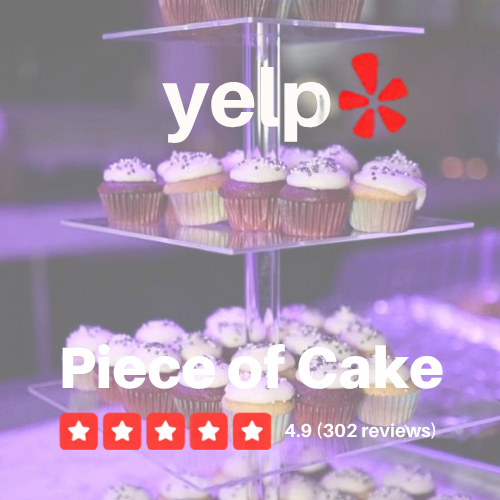 Cupcakes on a multi-tiered tray, illuminated by purple lighting, with Yelp 5 star review ratings.