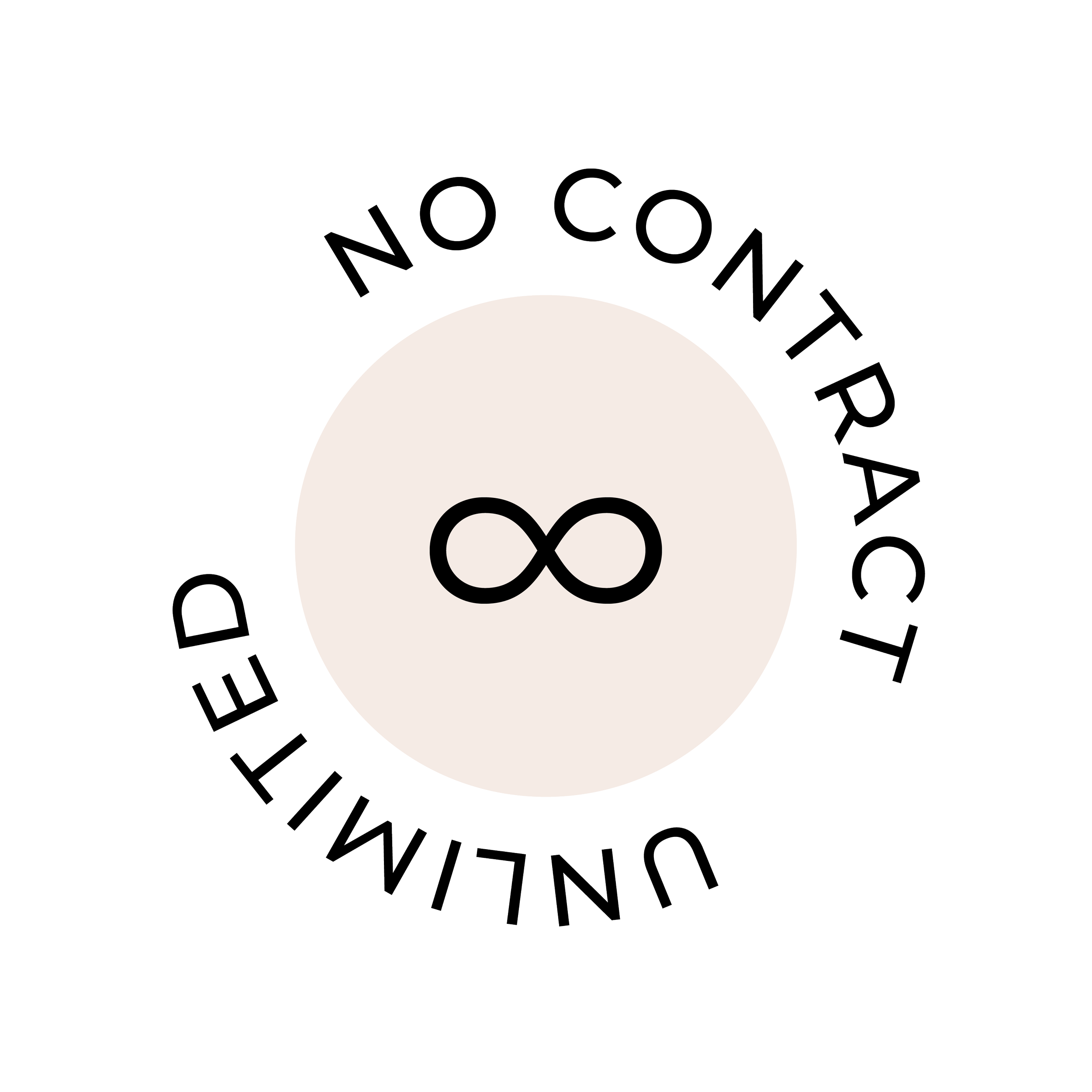Close-up of a logo with the infinity symbol in the center and the words 'NO CONTACT' across the top and 'DEVELOPMENT' along the bottom, all in black and white.