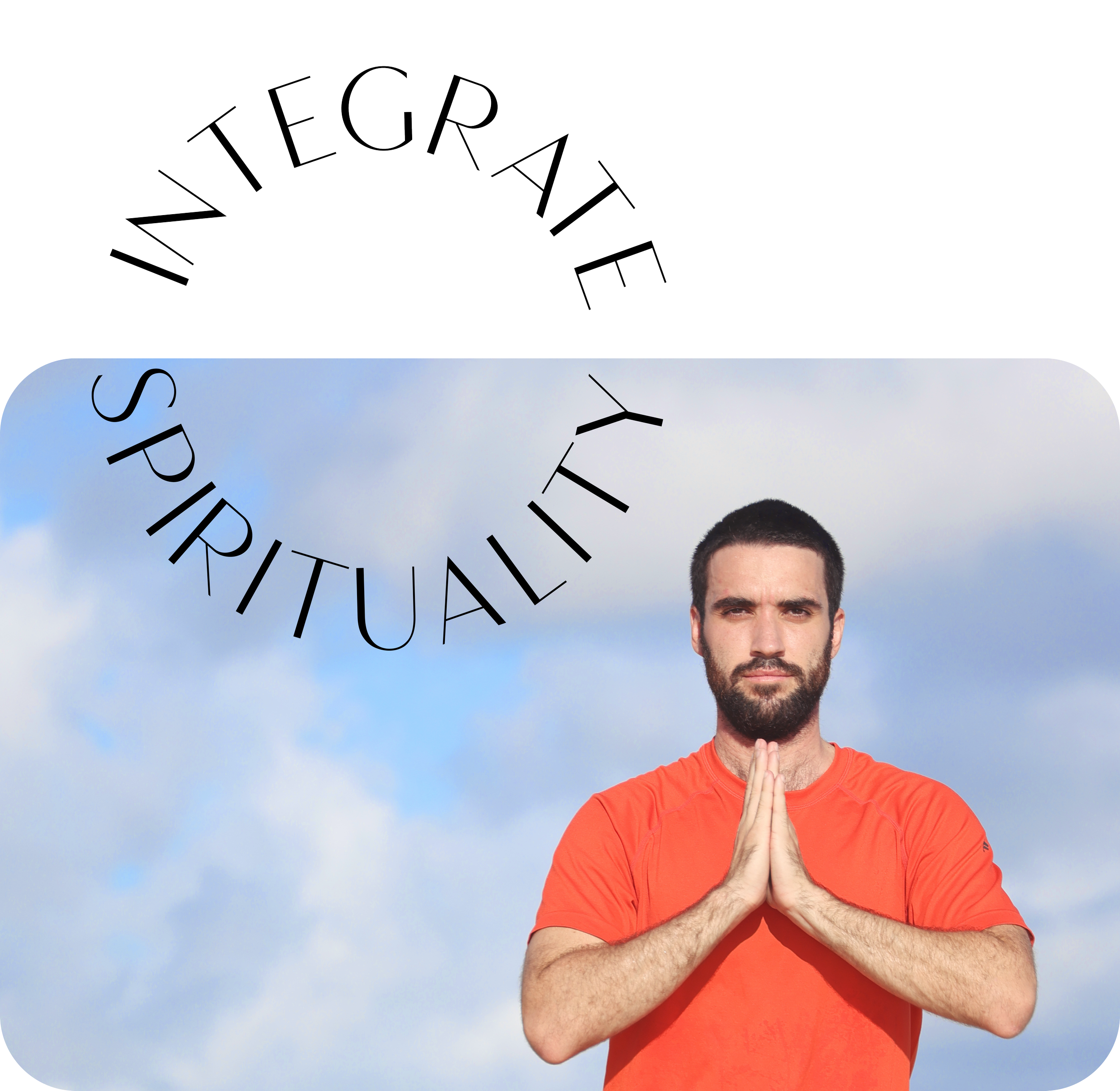 A man with short dark hair and a beard, wearing an orange shirt, is standing outside against a blue sky background. He has his hands pressed together in a prayer pose and is looking directly at the camera.