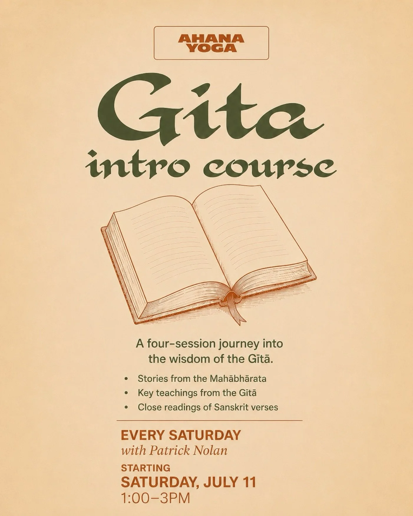 Dive deep into the heart of yoga philosophy. 📖✨

Join Patrick Nolan at Ahanā for a four-session journey into the ancient wisdom of the Gītā. If you've been looking to expand your practice beyond the mat, this introductory course is the perfect oppor