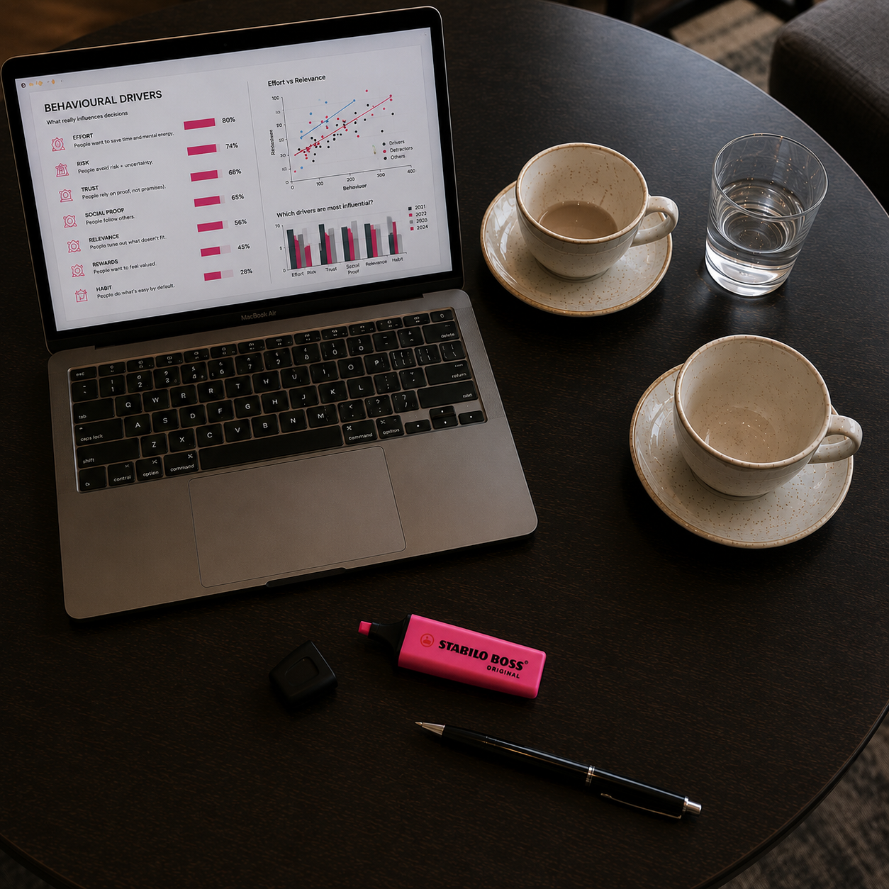 A laptop on a dark wooden table displaying charts and graphs related to behavioral drivers. There are two empty speckled ceramic coffee cups with saucers, a glass of water, a black and pink Stabilo BOSS highlighter, a black pen, and a small black object, possibly a remote or a key fob.
