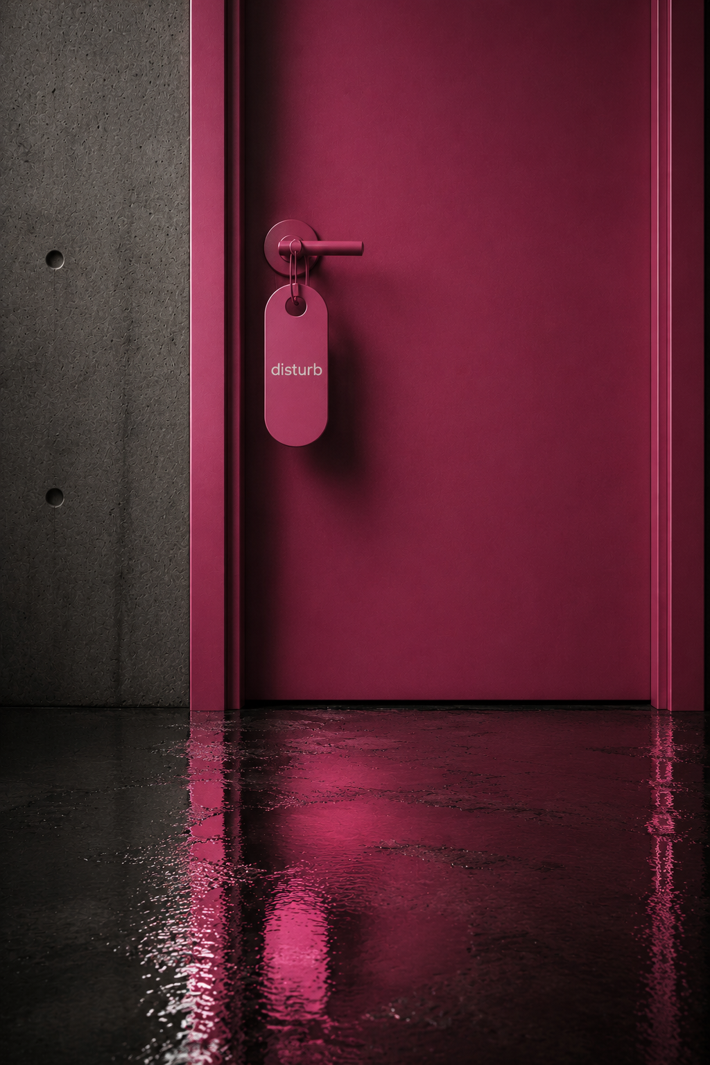 A closed pink door with a lock and a hanging pink 'disturb' sign, adjacent to a grey wall, with a reflective wet floor.
