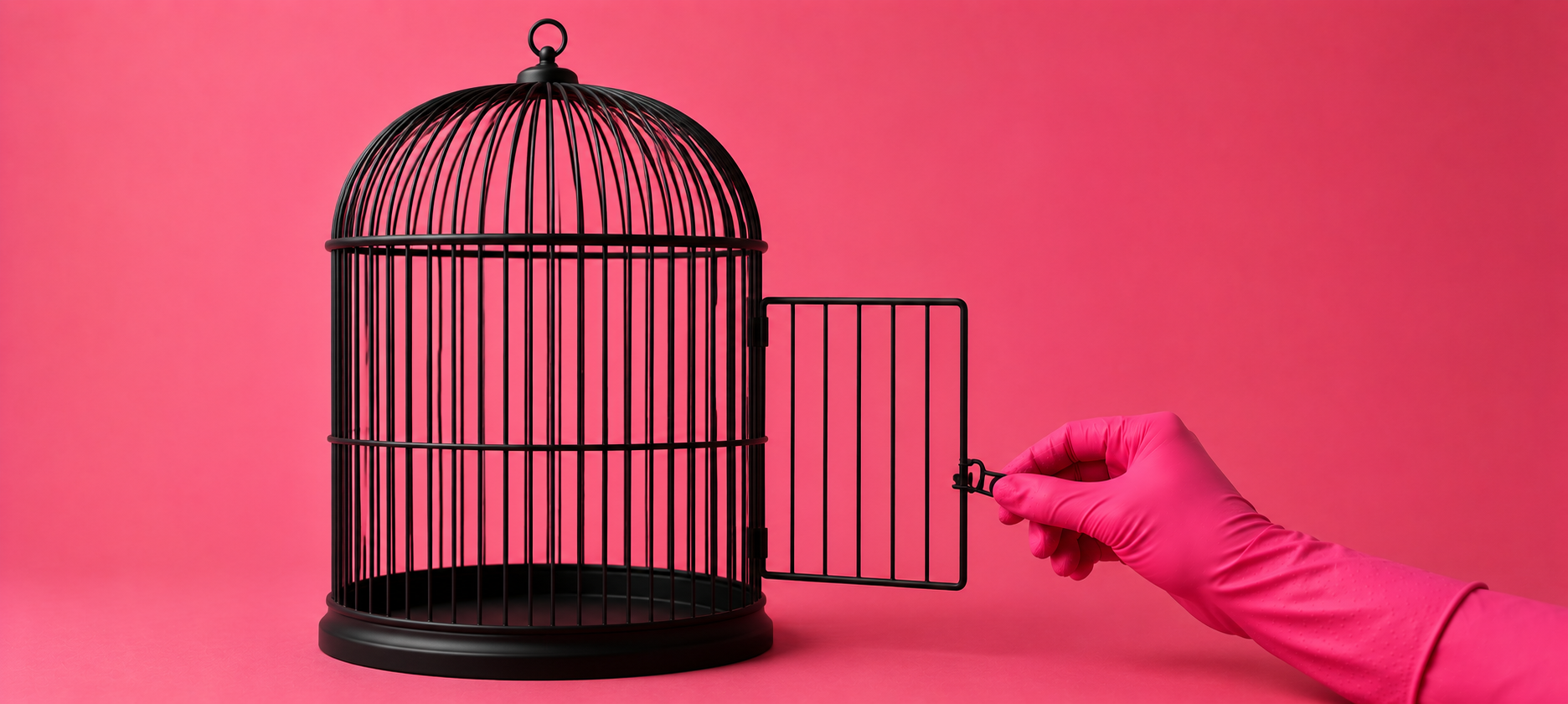 A matte black birdcage on a pink background with a hand in a pink glove holds it open