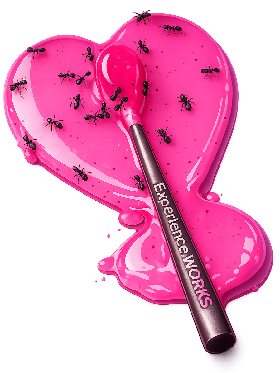 Pink heart-shaped wax with black ants on its surface, with a silver stick labeled 'Experience Works' inserted into it.