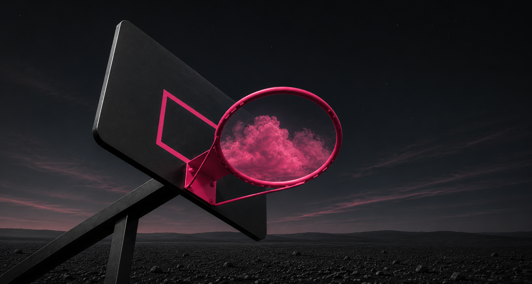A basketball hoop with a pink rim and backboard, set against a dark, desolate landscape under a night sky. A pink cloud is reflected inside the hoop.