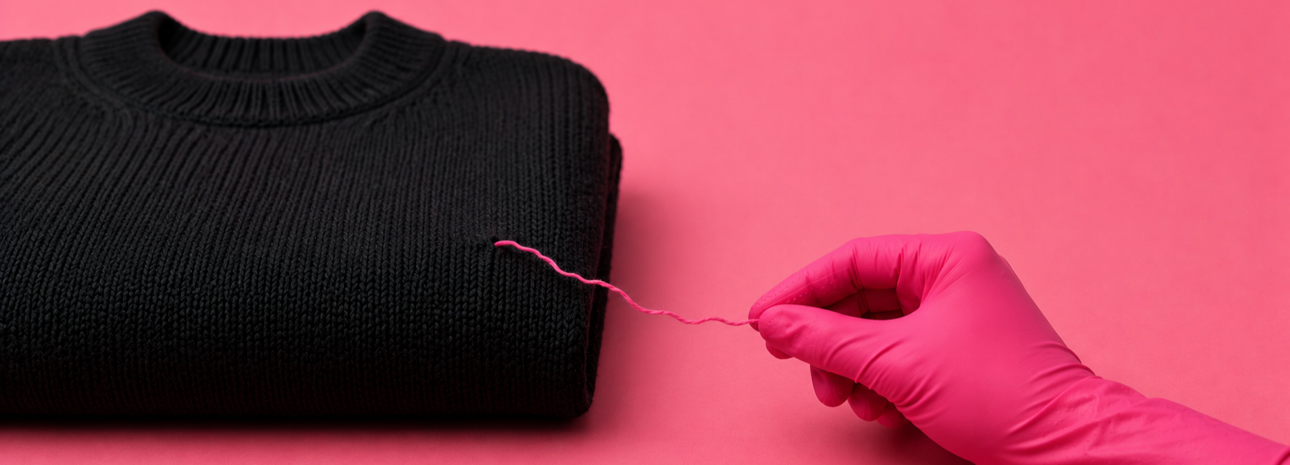 A folded black jumper with a hand in a pink glove unravelled a single pink thread.