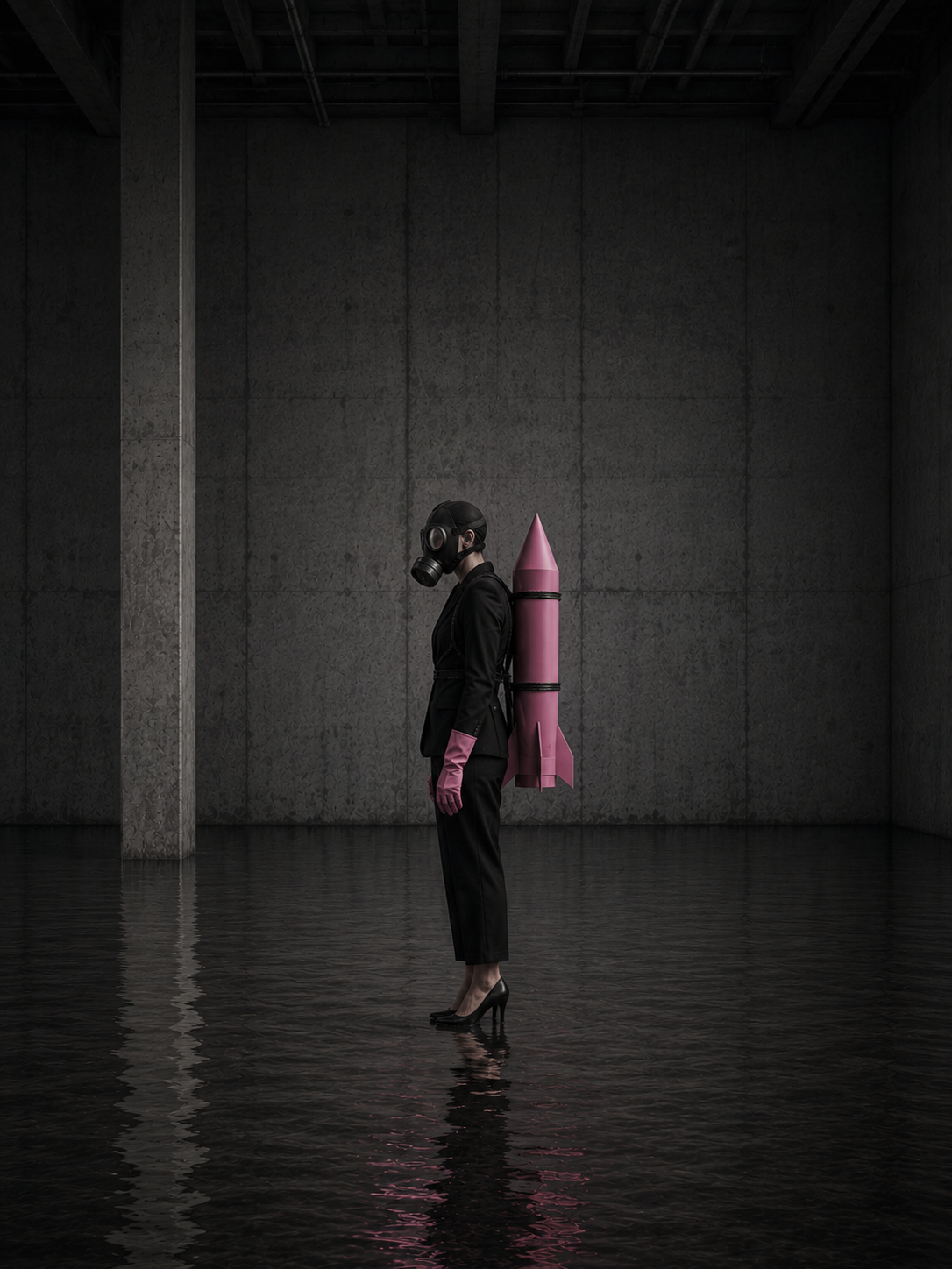 A woman in a black suit and high heels is standing in shallow water in an industrial-style room with dark gray walls and exposed ceiling beams. She is wearing a gas mask and pink gloves, and has a large pink missile-like object strapped to her back.