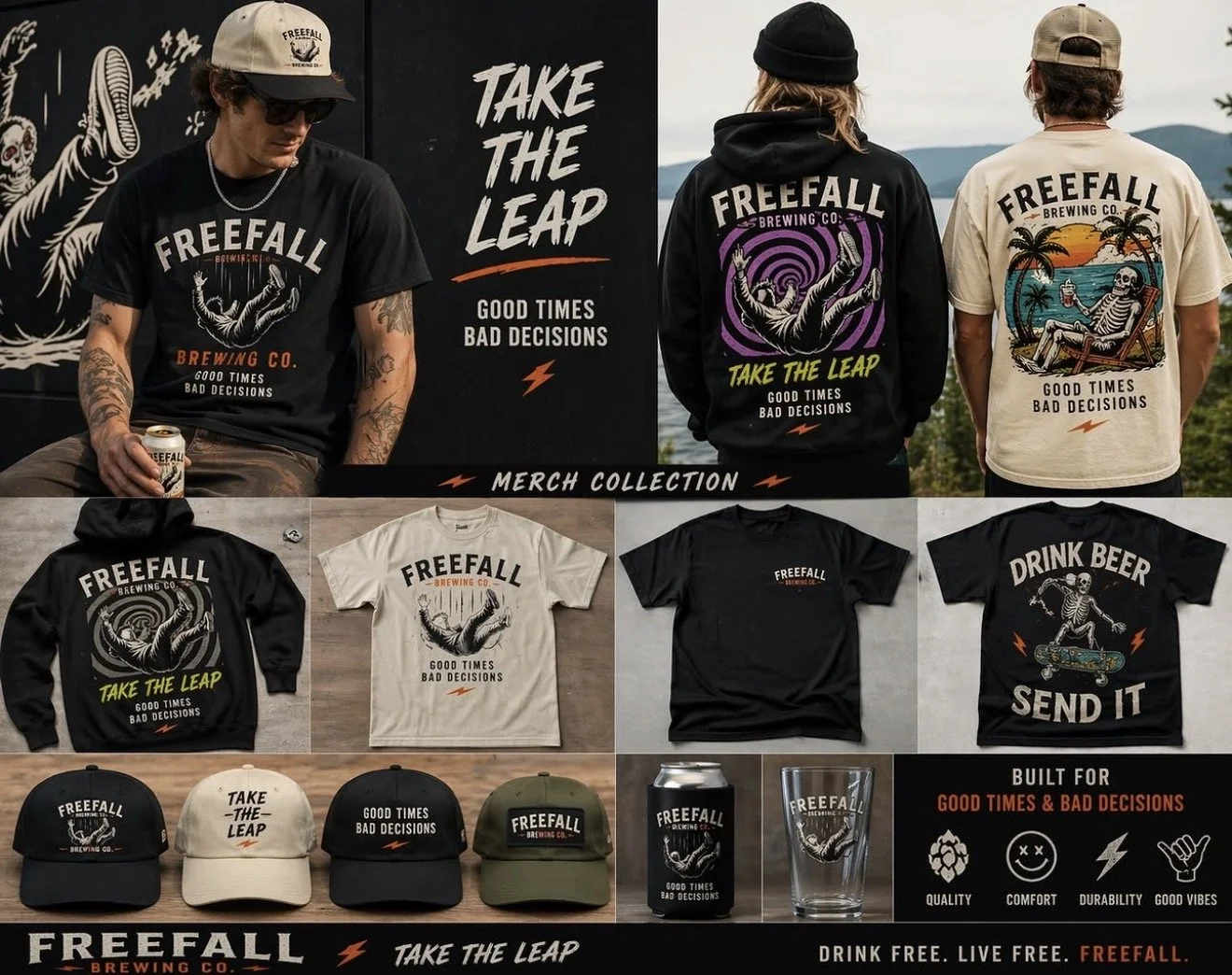 FreeFall Brewing Co. merchandise collection featuring brewery-branded apparel, hats, glassware, and accessories inspired by the “Take the Leap” lifestyle.