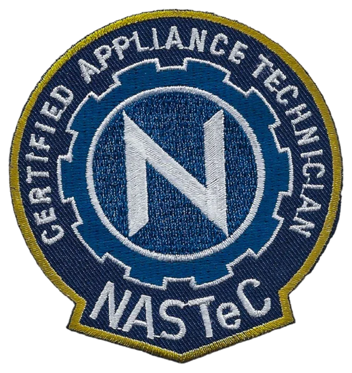 Patch for Certified Appliance Technician (NASTeC) with blue and yellow border, a large 'N' in the center, and the text 'Certified Appliance Technician' and 'NASTeC' embroidered around it.