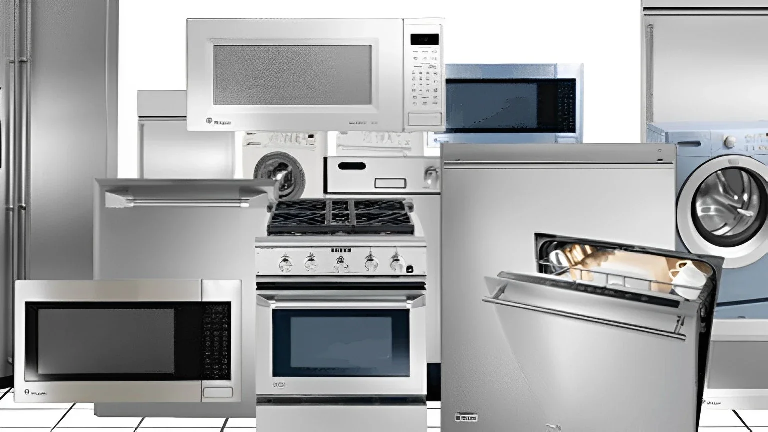 Arranged collection of white kitchen appliances including microwaves, ovens, washing machine, dishwasher, and refrigerator in a modern kitchen setting.