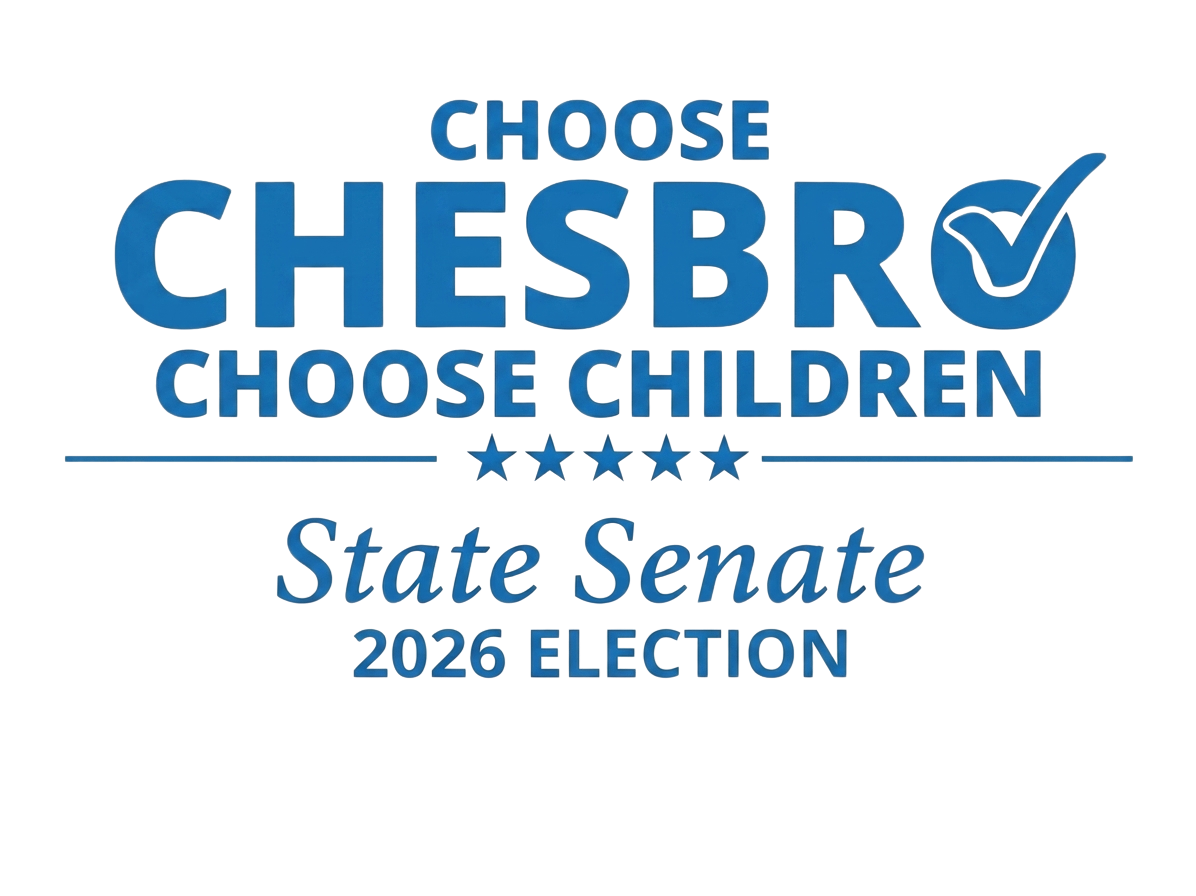 Graphic promoting an election campaign with large blue 3D text saying "Choose Chesbro" and smaller blue text saying "Choose Children." Includes a yellow map outline of California with a blue star marking a location and a yellow voting box. Text includes "State Senate," "2026 Election," and a checkmark symbol.