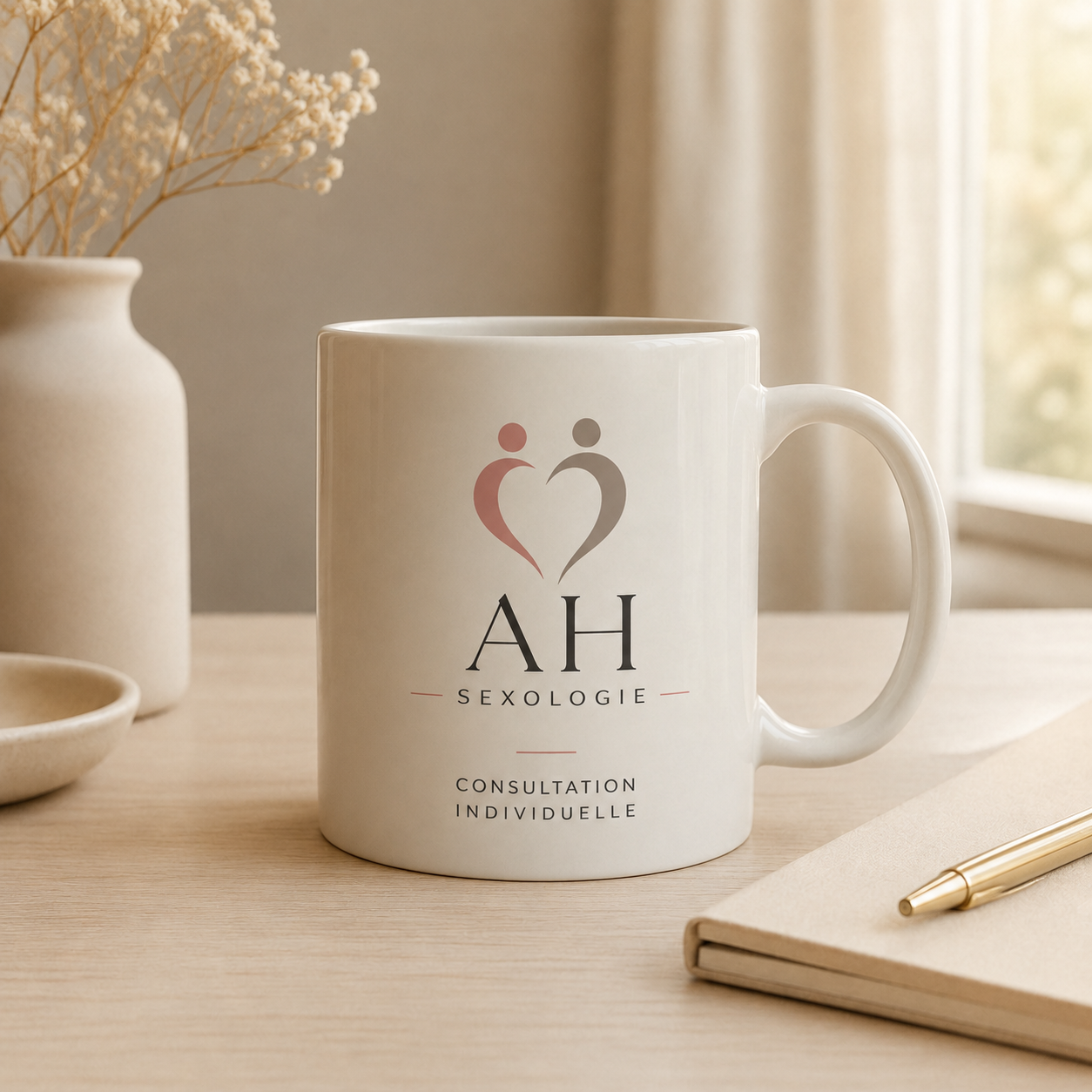 Tasse blanche avec logo de deux figures stylisées formant un cœur, texte "AH Sexologie, Consultation Individuelle", placé sur un bureau en bois clair, à côté un carnet beige et un stylo doré, avec une fenêtre laissant entrer la lumière naturelle.