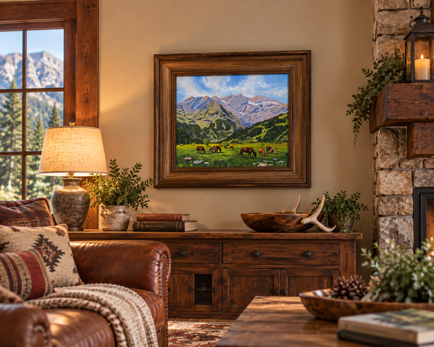 Rustic Cabin Living Room with Mountain Horses Painting.png