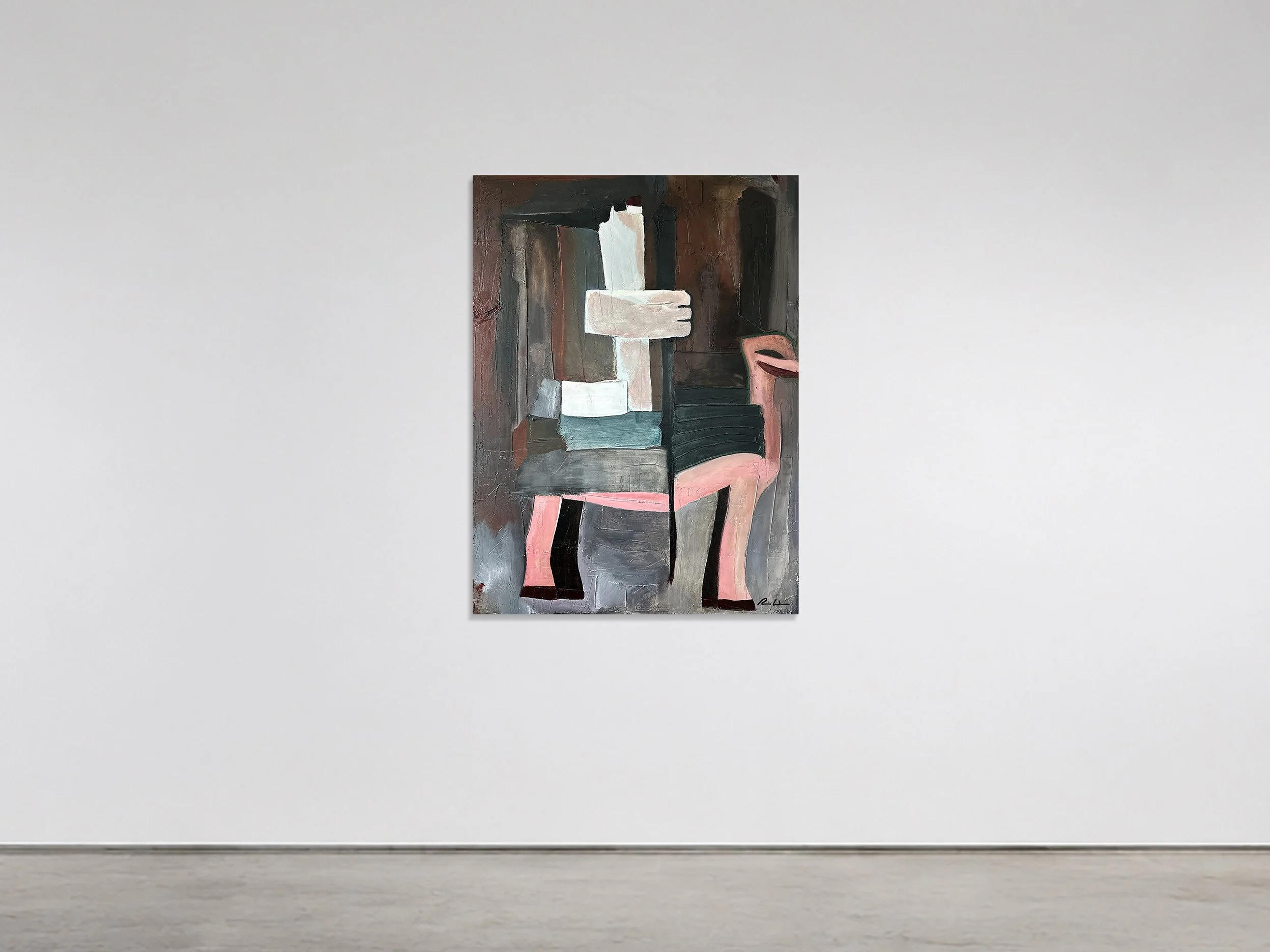 The Architect 2006 mixed media, canvas 30 in x 40 in x 1.5 in - a brutalist, equestrian tableau reminiscent of a jousting champion after battle. A blocky, plaster-white rider sits atop a four-legged, pink-limbed beast, holding a long, dark staff that