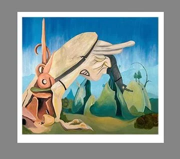 Surreal painting of a landscape with abstract rock formations, a flipped sandwich, and a beak-like structure in the foreground.