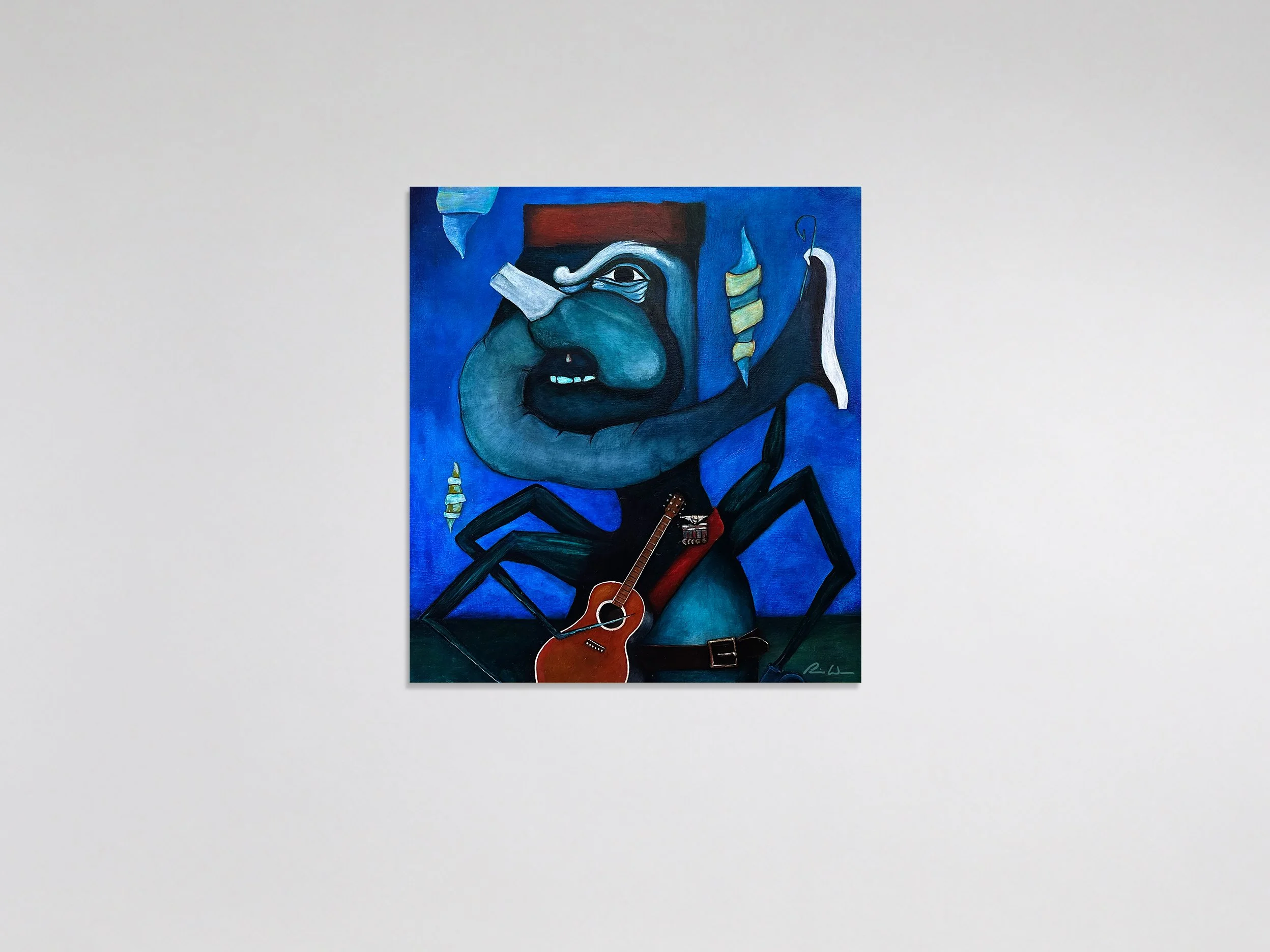 A Crooked Serenade 2020 acrylic, canvas 24 in x 26 in x 1 in - A Crooked Serenade anchors a singular, morphologically complex figure within a brilliant cerulean field. Walsh establishes a compelling tension between fluid, sweeping volumes and rigid l