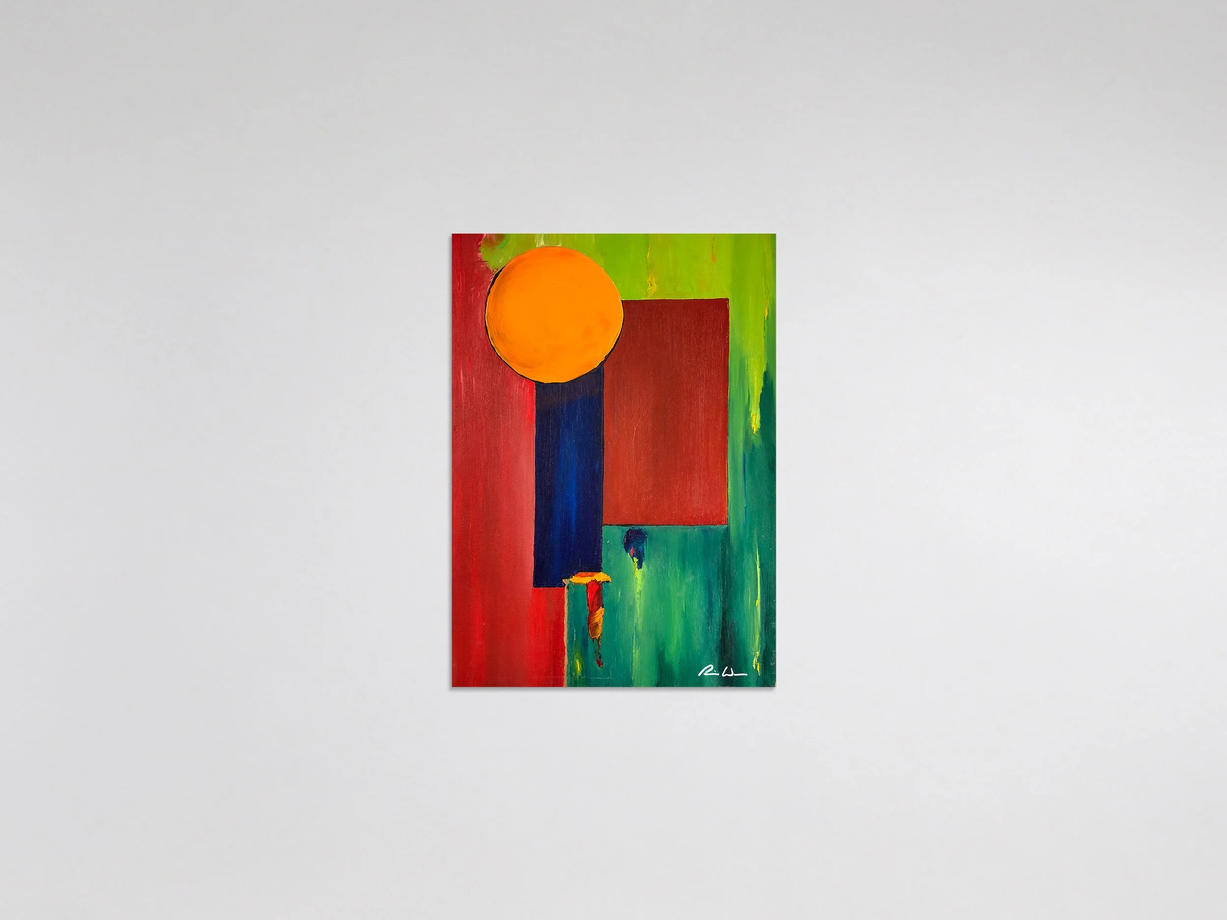 Solar Anchor 2009 acrylic, canvas 15 in x 21 in x 1 in - In Solar Anchor, a vibrant golden sphere sits atop a deep blue vertical column, grounding a split field of saturated red and vibrant green. Walsh balances clean, geometric color blocks against 