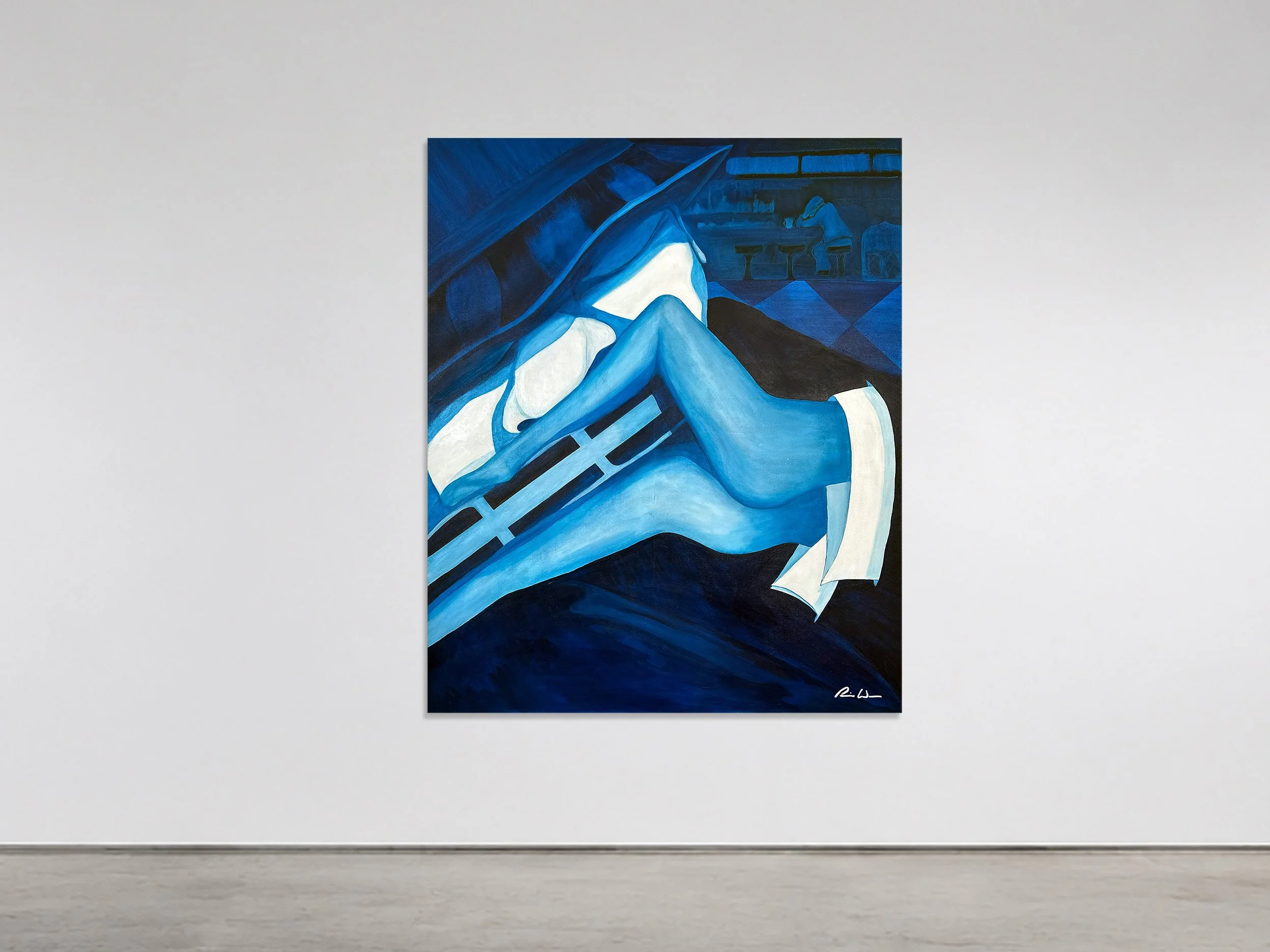 What Follows, 2003 acrylic on canvas 68 in × 54 in × 1.5 in -  Walsh works in the grammar of aftermath—evidence of something prior, a sediment of consequence. In the extreme foreground, a shadowed figure leans over a harmonica, framed by sweeping, an