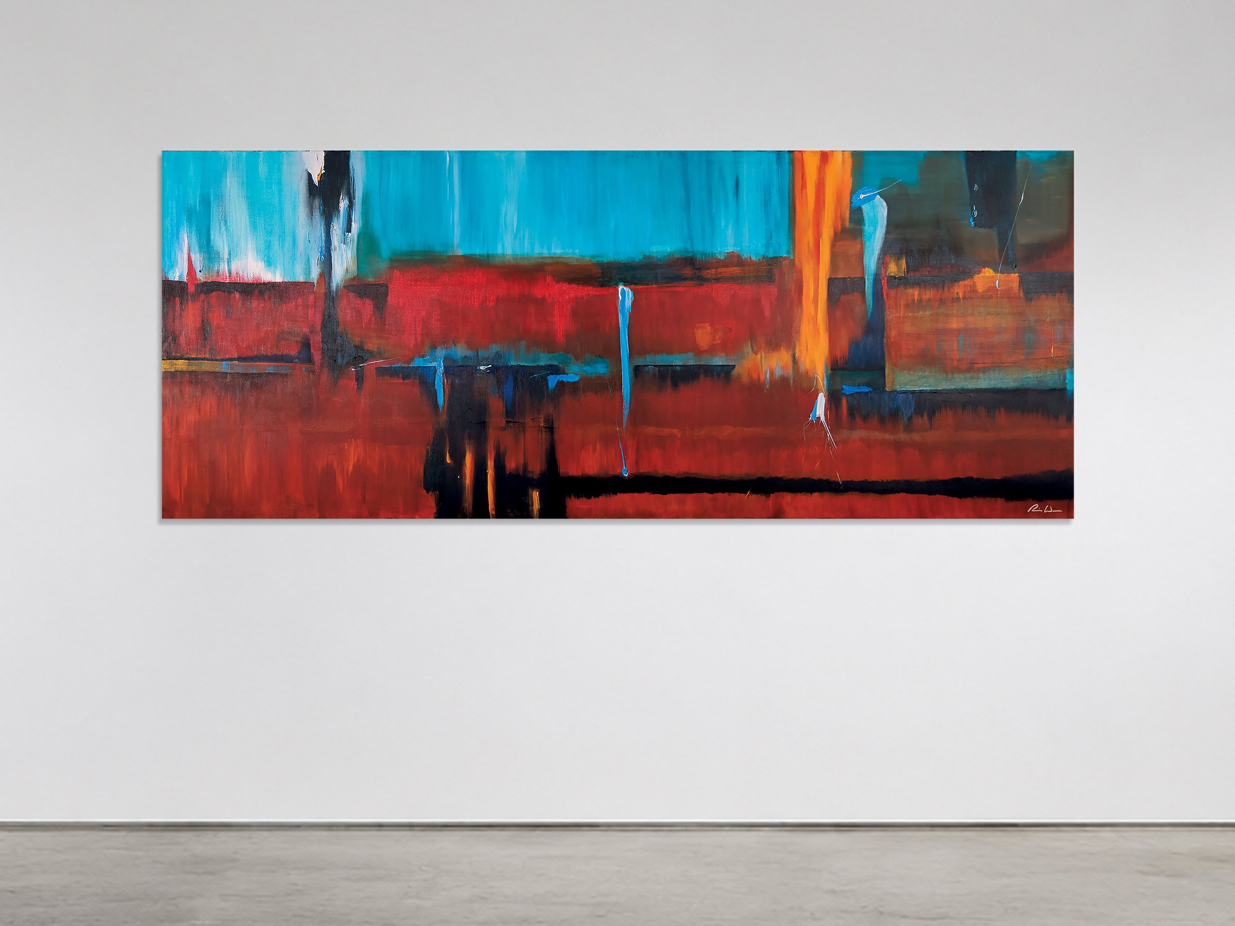 Helmholtz II 2012 acrylic, canvas 95.5 in x 38.5 in x 1.5 in - an expansive horizontal field vibrates with intense, layered energy. Bisecting the canvas with raw dark lines and vertical drips that pierce the visual horizon. Referencing concepts of ac