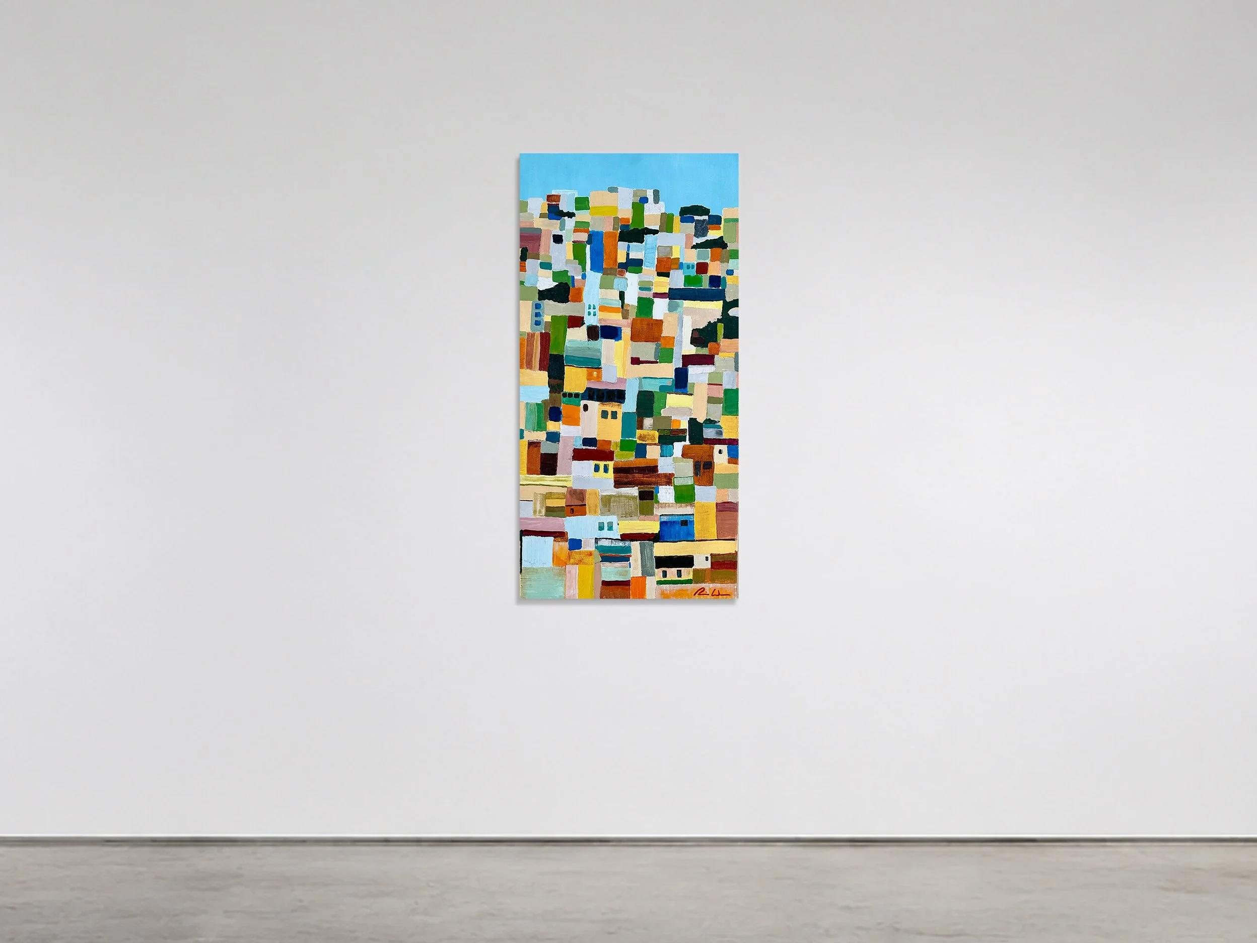Rocinha 2006 acrylic, canvas 18 in x 36 in x 1 in - In Rocinha, Walsh builds a dense, vertical mosaic of stacked architectural planes reminiscent of Rio’s hillside community. Vibrant rectangular blocks of ochre, teal, terra-cotta, and pale blue climb