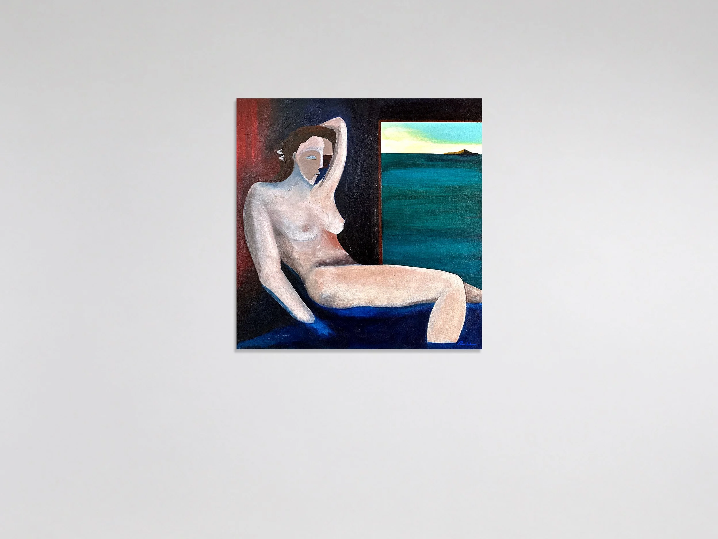 A Drowning Dream 2012 acrylic, canvas 24 in x 24 in x 1.5 in - In A Drowning Dream, a luminous reclining figure rests against a dark interior, one arm bent upward in contemplative stillness. Frame-within-a-frame architecture opens to a deep teal sea 