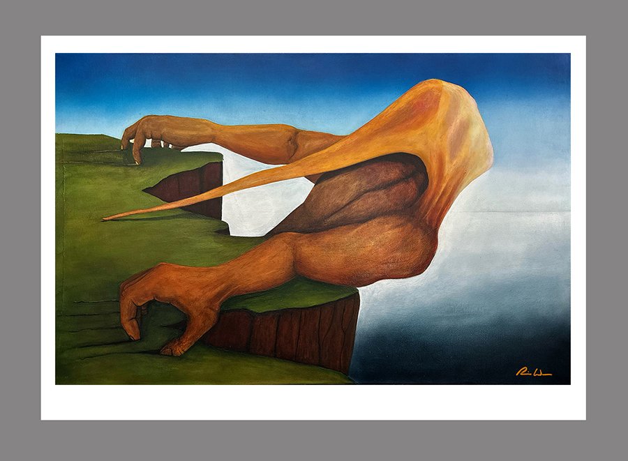 Surreal painting of a massive orange bird with long beak resting on a grassy cliff, with a deep blue sky and ocean in the background.