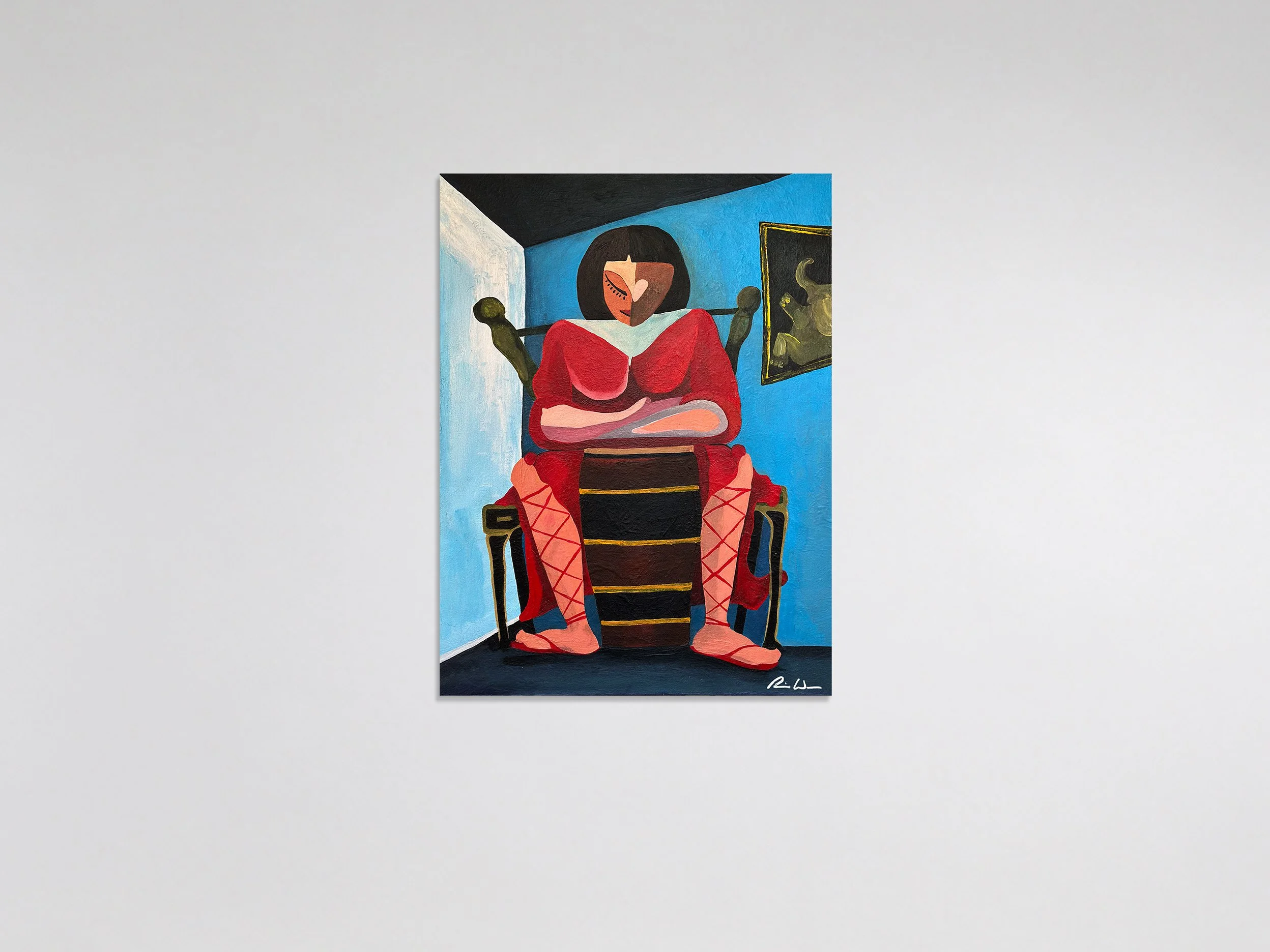 Rhythm 80 2006 acrylic, canvas 18 in x 23.5 in x 1 in - Translates geometric architecture into a powerful, figurative interior. The composition relies on stylized mass and symmetrical staging. The drum serves as both physical anchor and conceptual pu