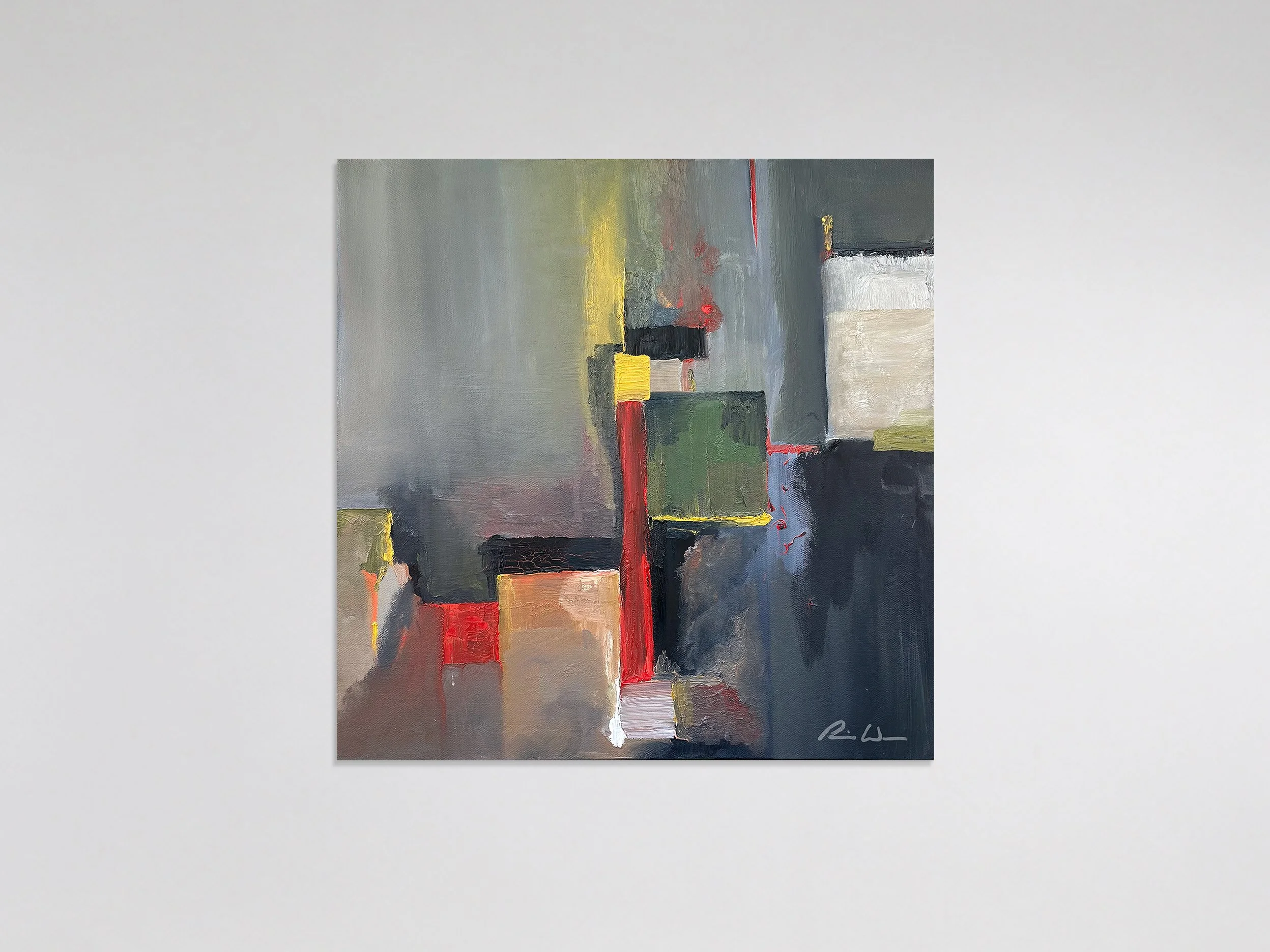 Grey Matter 2006 oil, canvas 24 in x 24 in x 1.5 in - A tight, interior scaffolding within an overarching field of muted charcoal and slate. Interlocking geometric planes—are pierced by an upright axis of crimson and primary yellow, creating an archi