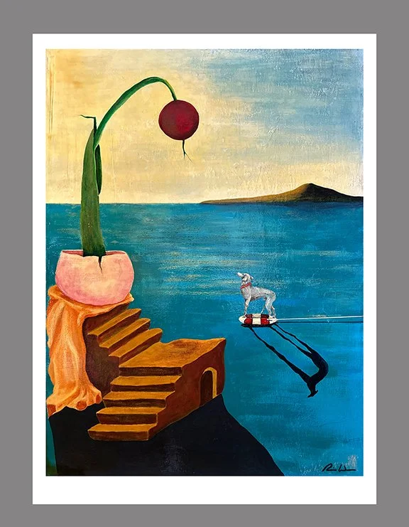 Surreal painting with a staircase leading to a pink planter with a green stalk and red ball, over a body of water with a horse on a floating platform, casting a shadow. Distant land and sky in the background.