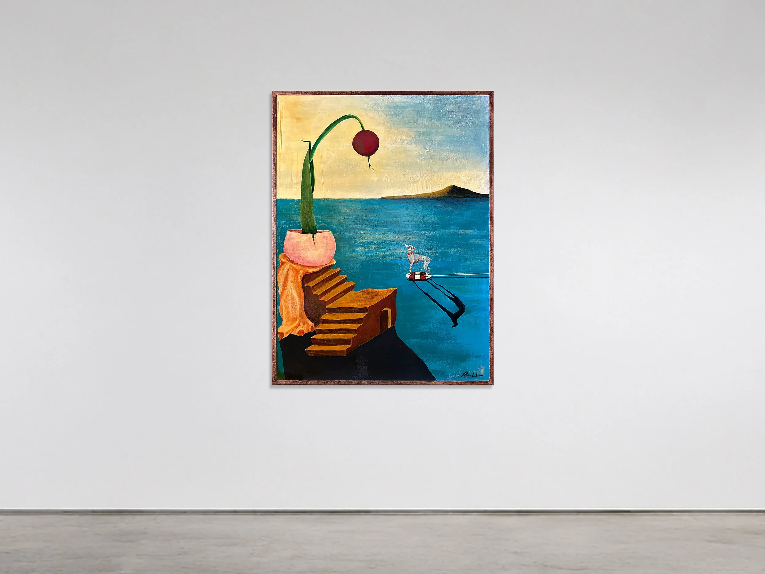 Forbidden 2011 acrylic, wood 42 in x 32 in x 1 in - a dreamlike coastal landscape anchored by surreal architectural and symbolic staging. Across a vast, saturated blue sea, a slender greyhound stands atop a buoyant life preserver—its elongated shadow