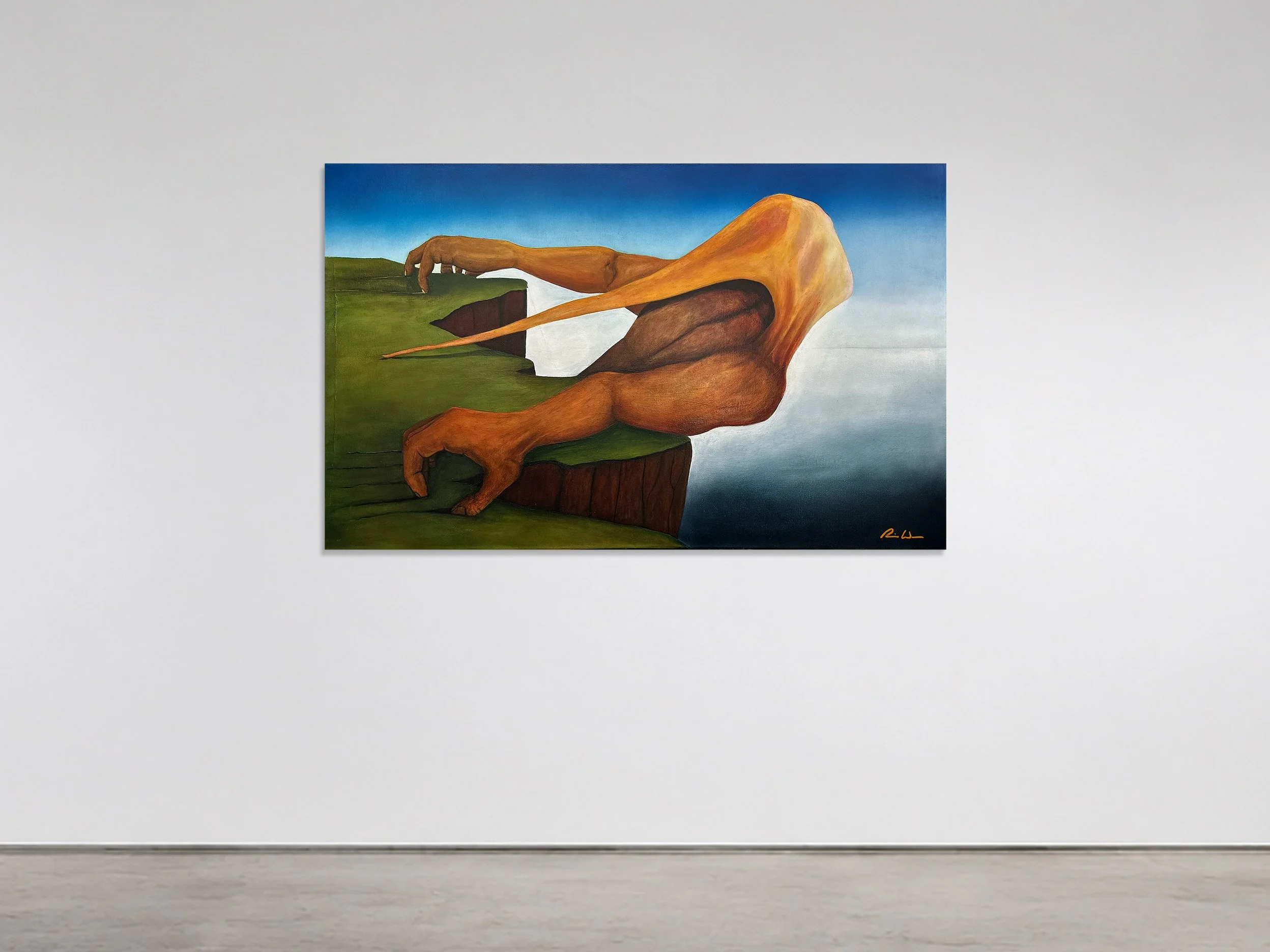 The Reach 2020 acrylic, canvas 47.5 in x 30 in  x 1 in - In The Reach, a golden, biomorphic form spans the stark void between two moss-green cliffs. Set against an expansive, misty abyss, the composition relies on extreme physical scale and taut spat
