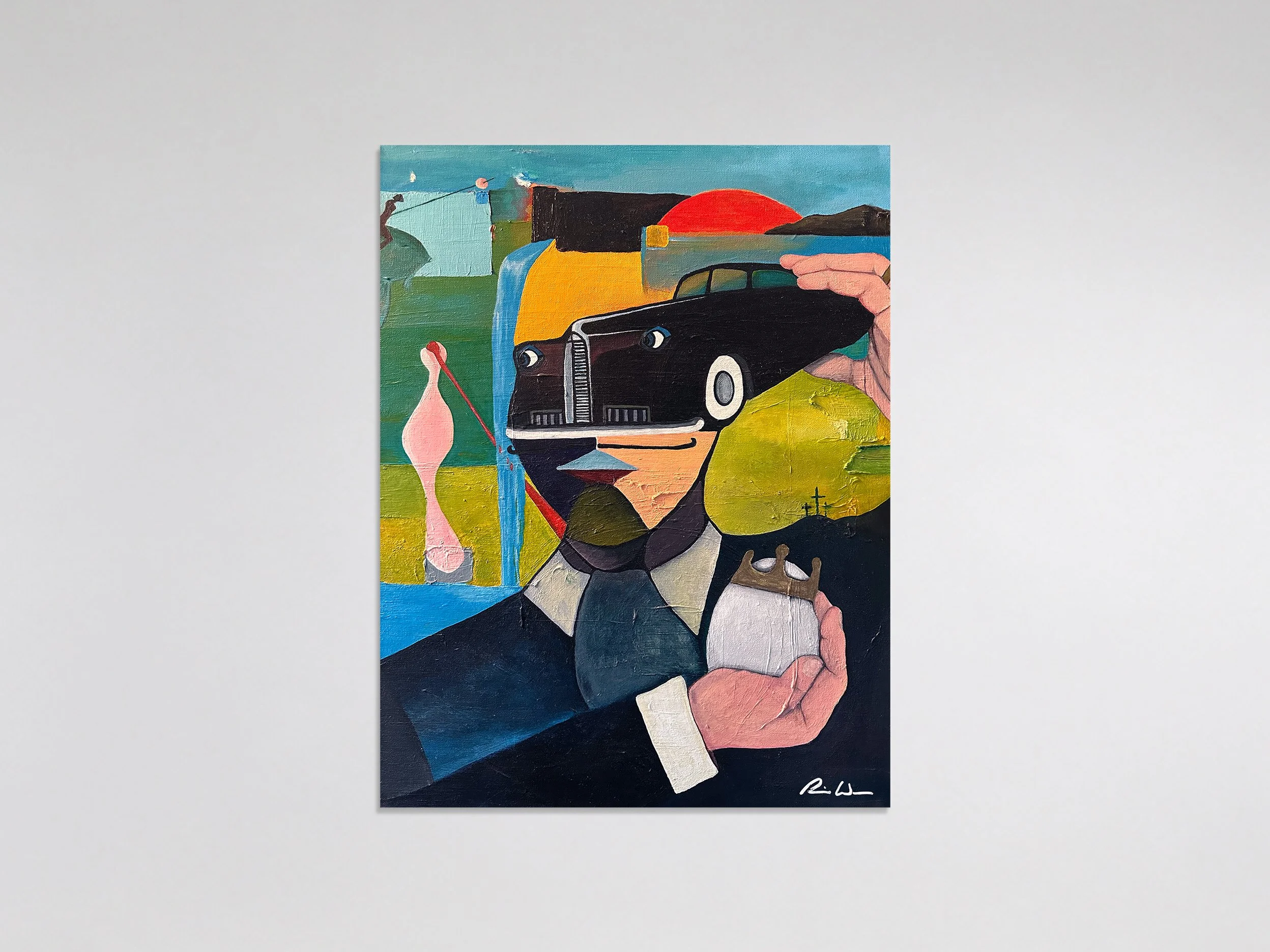 Kings Road 2011 acrylic, canvas 18 in x 24 in  x 1.5 in - a dense surreal tableau where portraiture merges directly with industrial and landscape geometry. A central figure holds a crowned egg, his upper visage, a black automobile with watchful eyes.