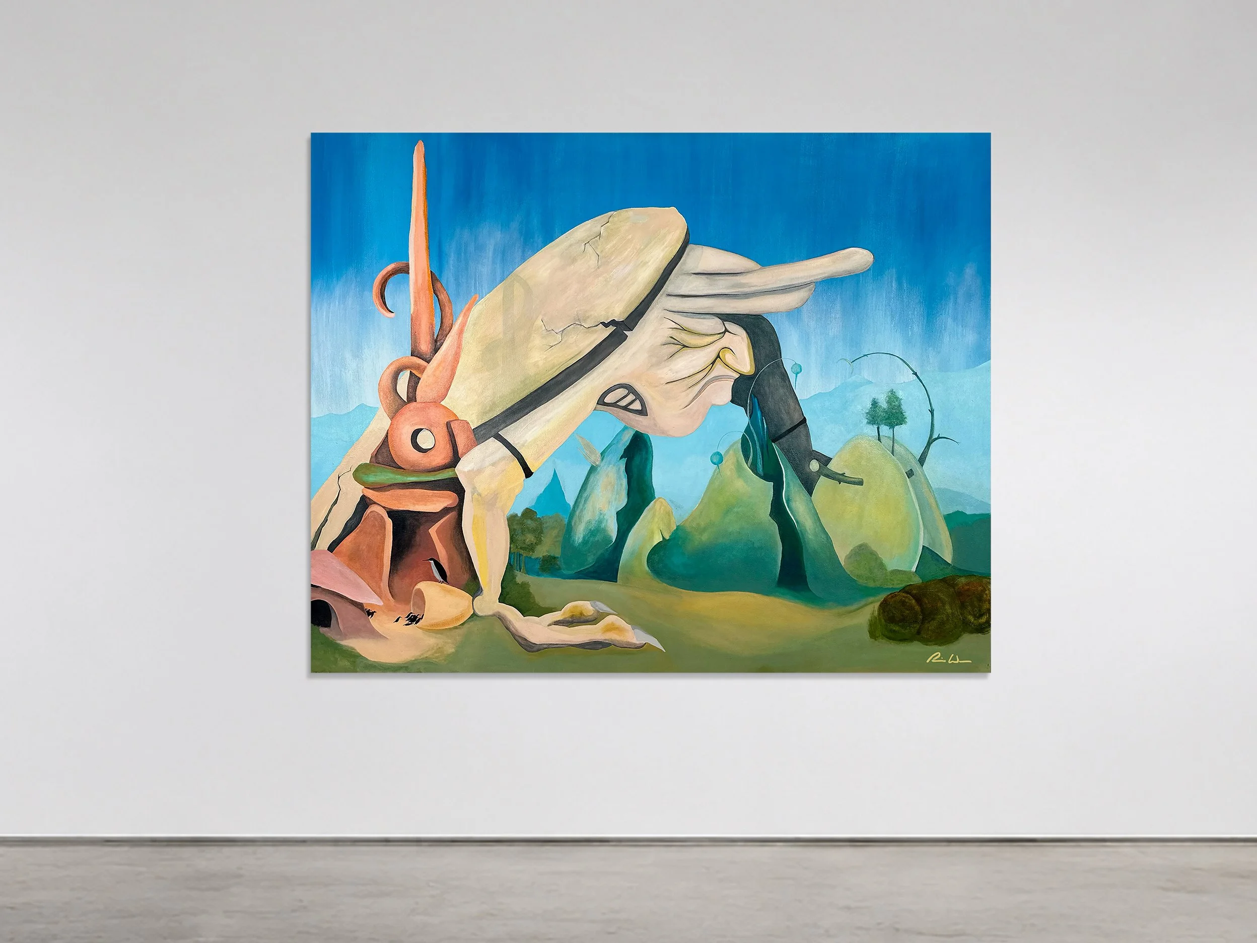 The Guardian, 2005 acrylic on canvas 68 in × 54 in × 1.5 in - A colossal, hybrid biological form anchors a surreal, undulating landscape under a luminous blue sky. Walsh combines stone-like textures, organic bone structures, and sharp architectural c