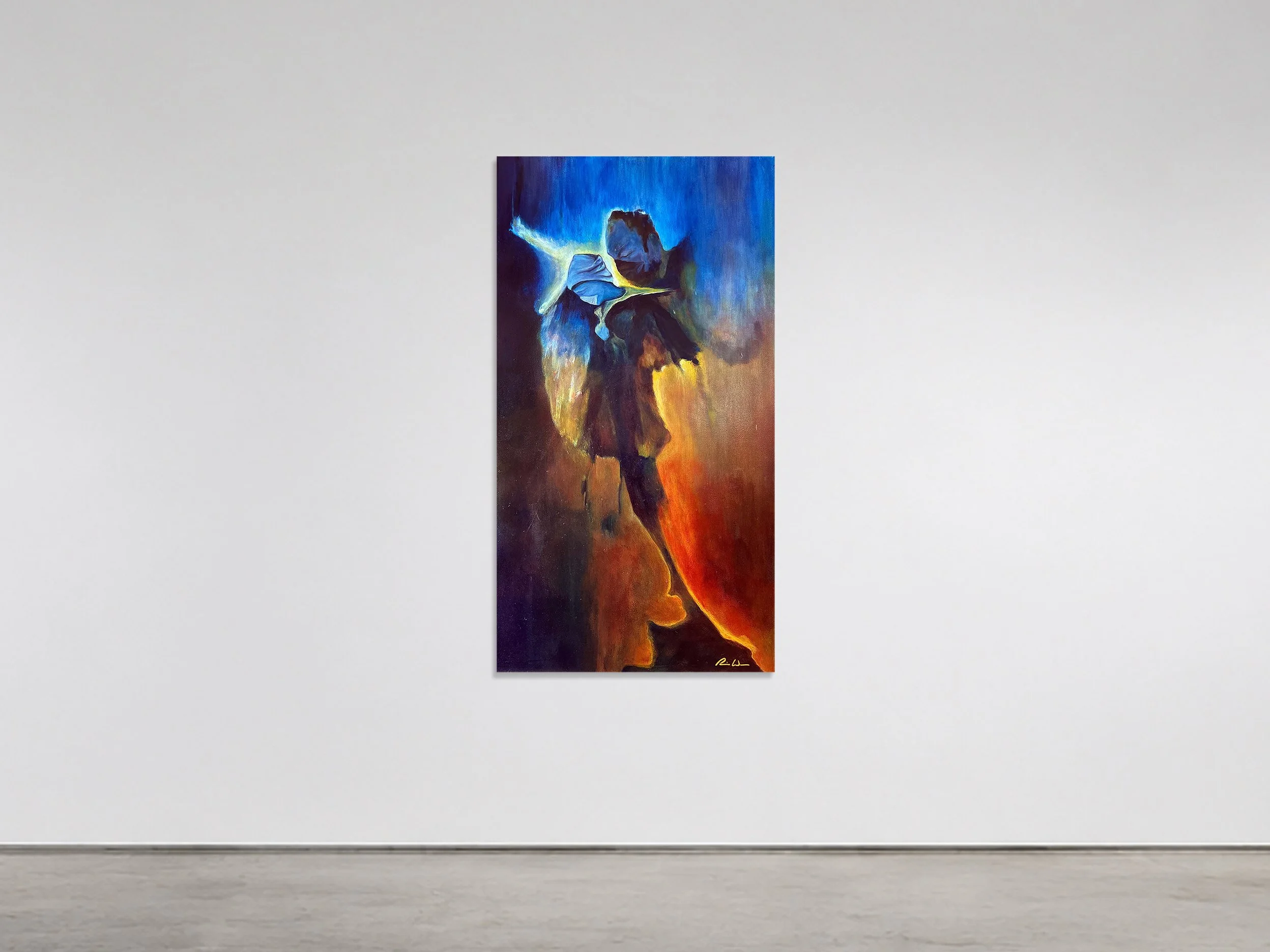 Pillar of Light 2020 acrylic, canvas 24 in x 36 in x 1 in - In Pillar of Light, a monumental silhouette emerges from a celestial nexus of vivid lapis blue, warm ochre, and fiery amber. Walsh balances atmospheric, nebular washes against a piercing sta