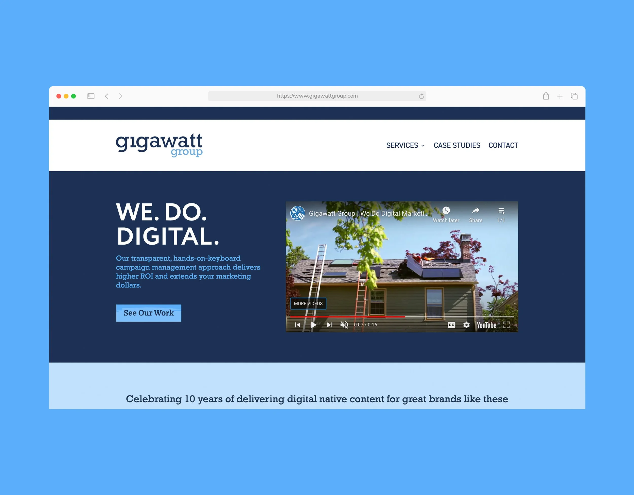 Gigawatt Group previous website homepage desktop layout browser mockup showing the older 'We Do Digital' design with a YouTube video embed, navy and light blue color scheme, and client partner logo banner.