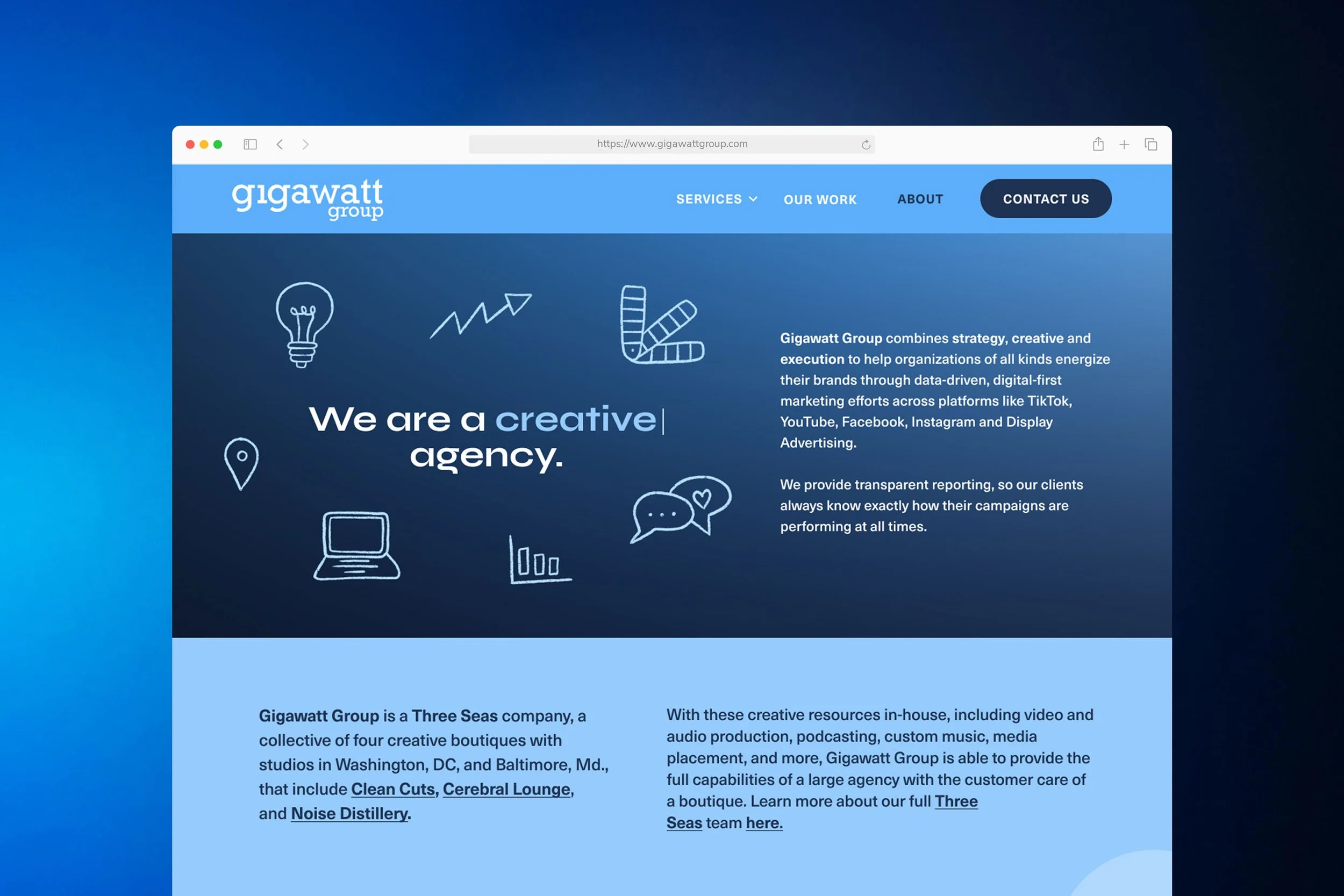 Gigawatt Group website UI UX design About page desktop layout displayed in a MacBook browser mockup, featuring the 'We are a creative agency' section with hand-drawn icons and agency description copy.