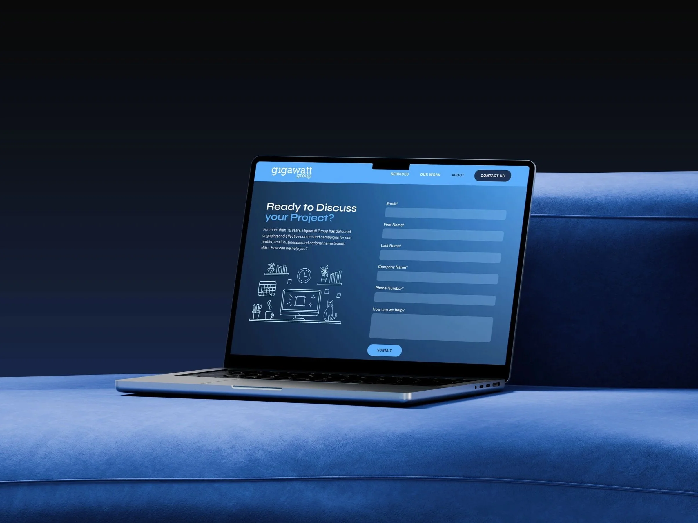 Gigawatt Group website UI UX design Contact page desktop layout displayed on a MacBook Pro on a blue velvet couch, showing the 'Ready to Discuss your Project?' contact form with fields for name, email, company, and project details.